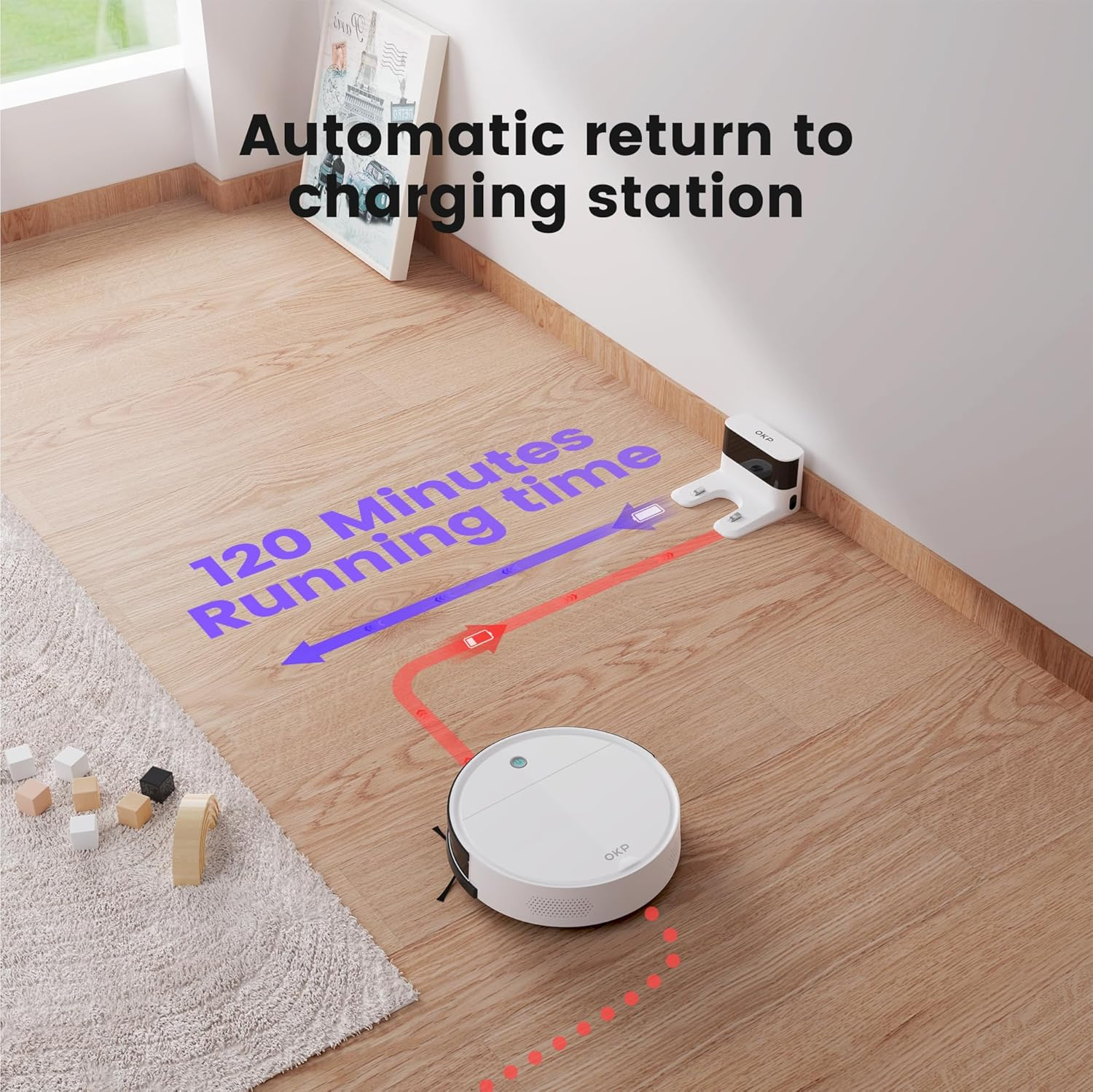 OKP K5 Robot Vacuum Cleaner with Freemove 3.0 Navigation, 2500Pa Strong Suction, Wi-Fi/Alexa App Control, 120 Mins Runtime, Auto-Charging, Ultra-Thin & Quiet, for Hard Floors Carpets Pet Hair, White - Ivory image number 2