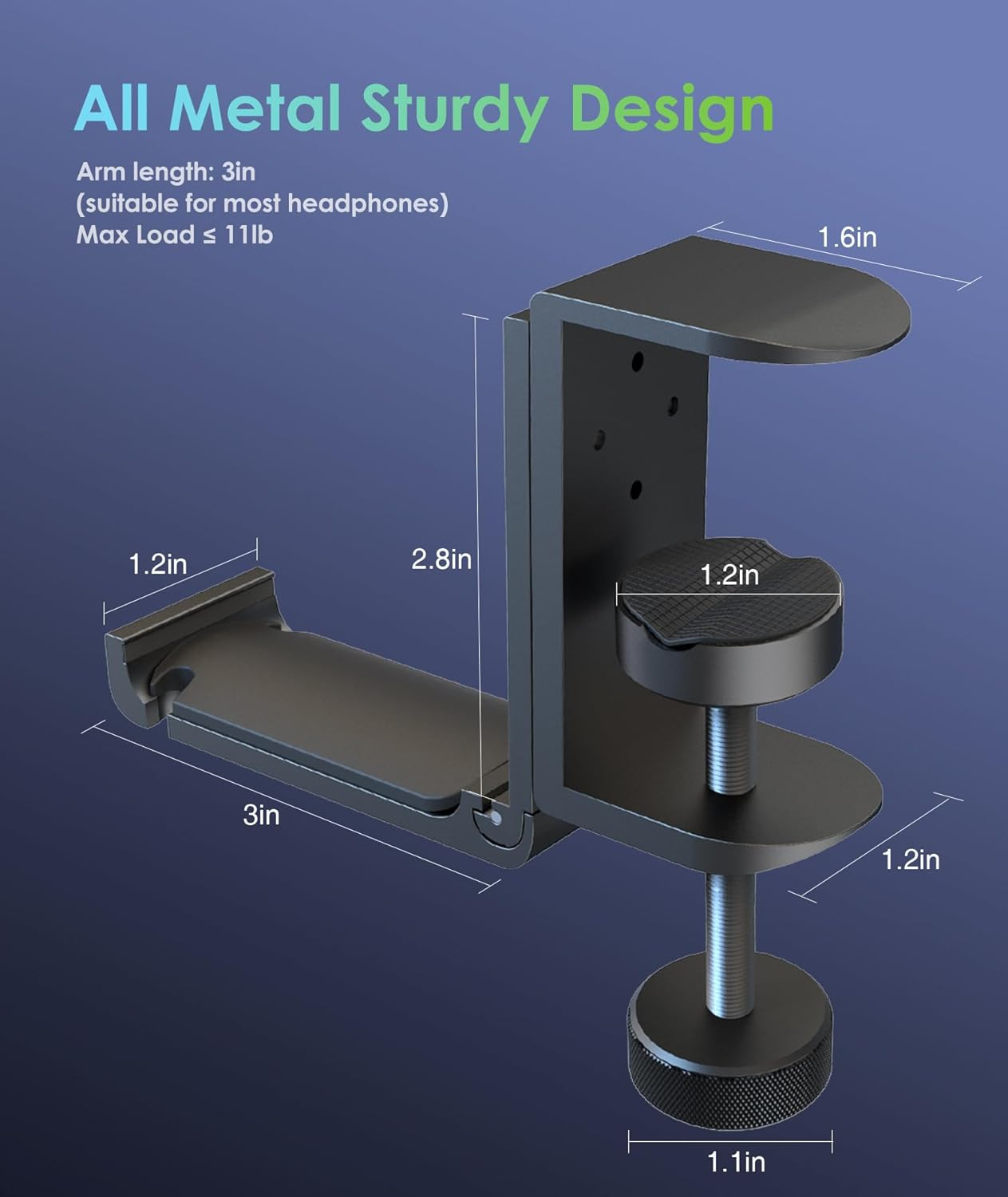 6Amlifestyle [2022 Newest Version] Foldable Headphone Stand Hanger under Desk Clamp with Cable Organizer save Space Metal Headphone Headset Holder for Universal Headphones PS4 PC Headsets, 6A-1203BK image number 3
