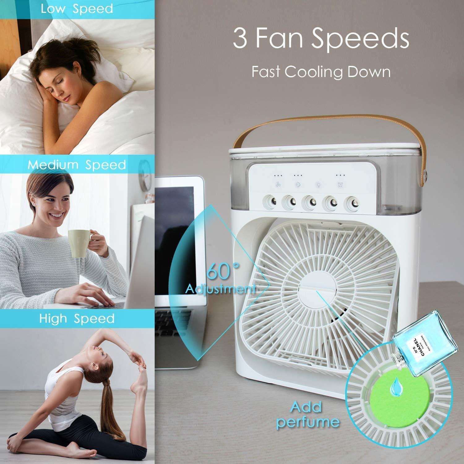 Haygem Portable Air Conditioner Fan, Mini Evaporative Air Cooler with Lednightlight, Timer, 3 Wind Speeds and 3 Spray Modes for for Home Office Bedroom Table and Desktop (White) image number 4