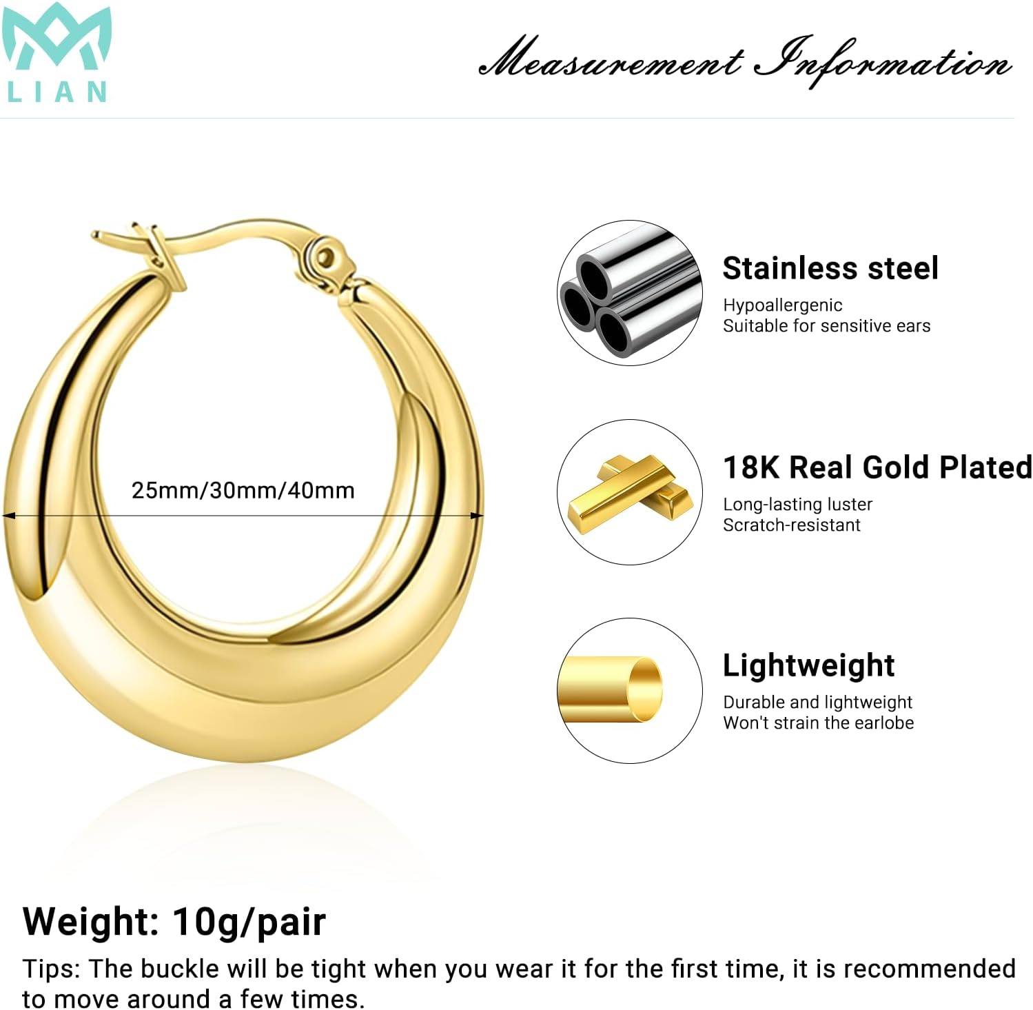 LIAN Chunky Gold Hoop Earrings 18K Real Gold Plated Large Thick Hoops Stainless Steel Lightweight Oval Hoop Earrings for Women Dainty Gold Earrings Jewelry Gifts for Teen Girls image number 3