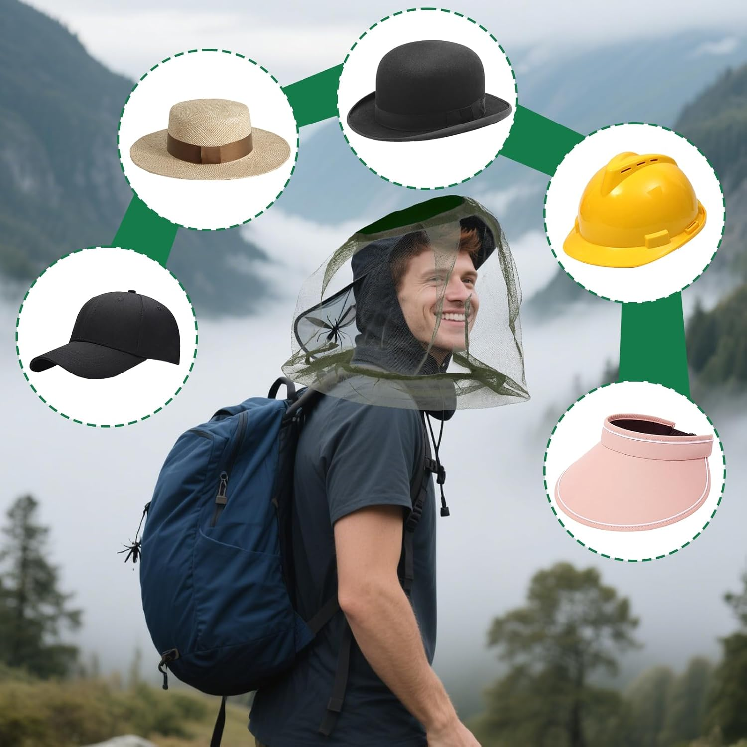 4 Pcs Head Net Mesh Face Neck Protection, Ultra Large & Long, Extra Fine Holes for Camping, Hiking, Fishing, Lightweight & Breathable Head Net Design, Fits All Hats for Men & Women image number 5
