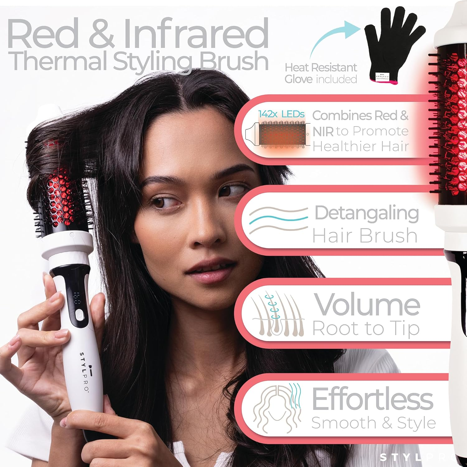 STYLPRO Thermal Brush with Red and near Infrared Leds - 58 NIR + 84 Red Leds, Ceramic Cylinder, Adjustable Heat, Lightweight Blowout and Curling Brush for All Hair Types image number 3