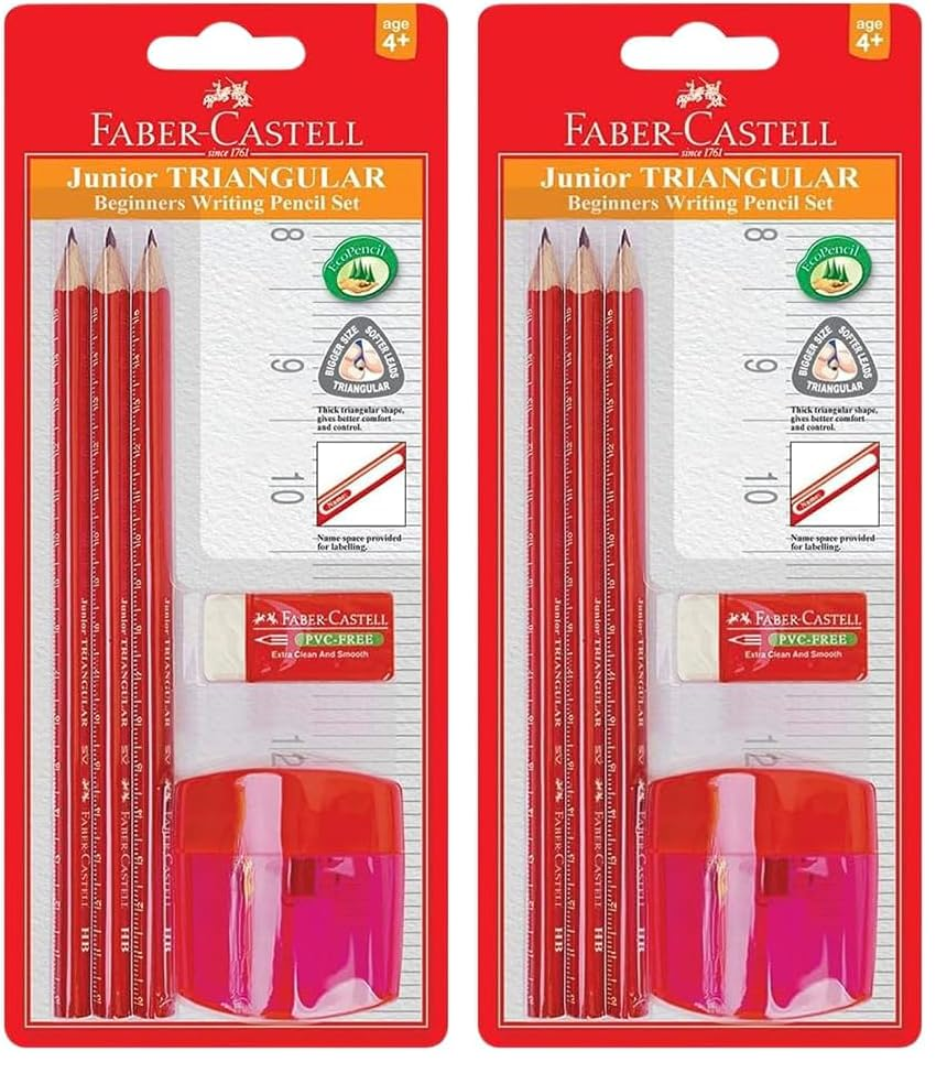 Faber-Castell Ergonomic Junior Triangular Graphite Pencil Set, 2B &ndash; 3 Graphite Pencils 2B, 1 Pvc-Free Eraser and 1 Sharpener, (89-116535) - 5 Piece Set (Pack Of 2)