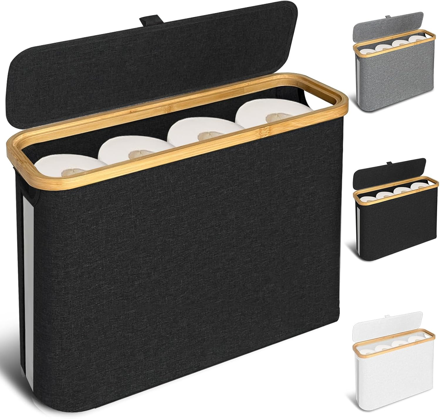 FYL Toilet Roll Storage, Toilet Paper Storage, Portable Foldable Water-Repllent Bamboo Toilet Paper 12 Rolls Holder Storage with Handle for Bathroom (White)