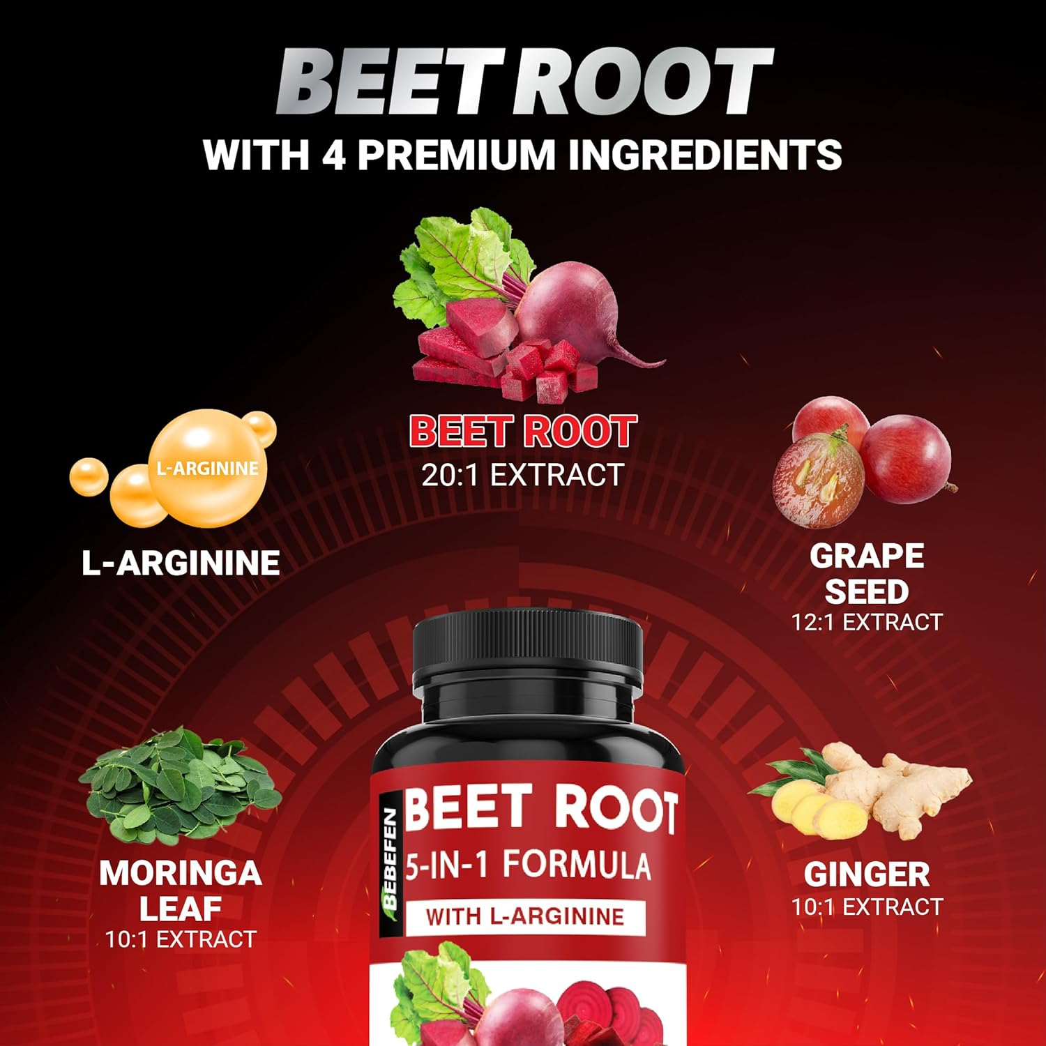 Beet Root Capsules with L-Arginine | Grape Seed | Moringa | and Ginger - 5In1 Beet Supplement - Equivalent 9800Mg per Serving - 90 Capsules image number 2