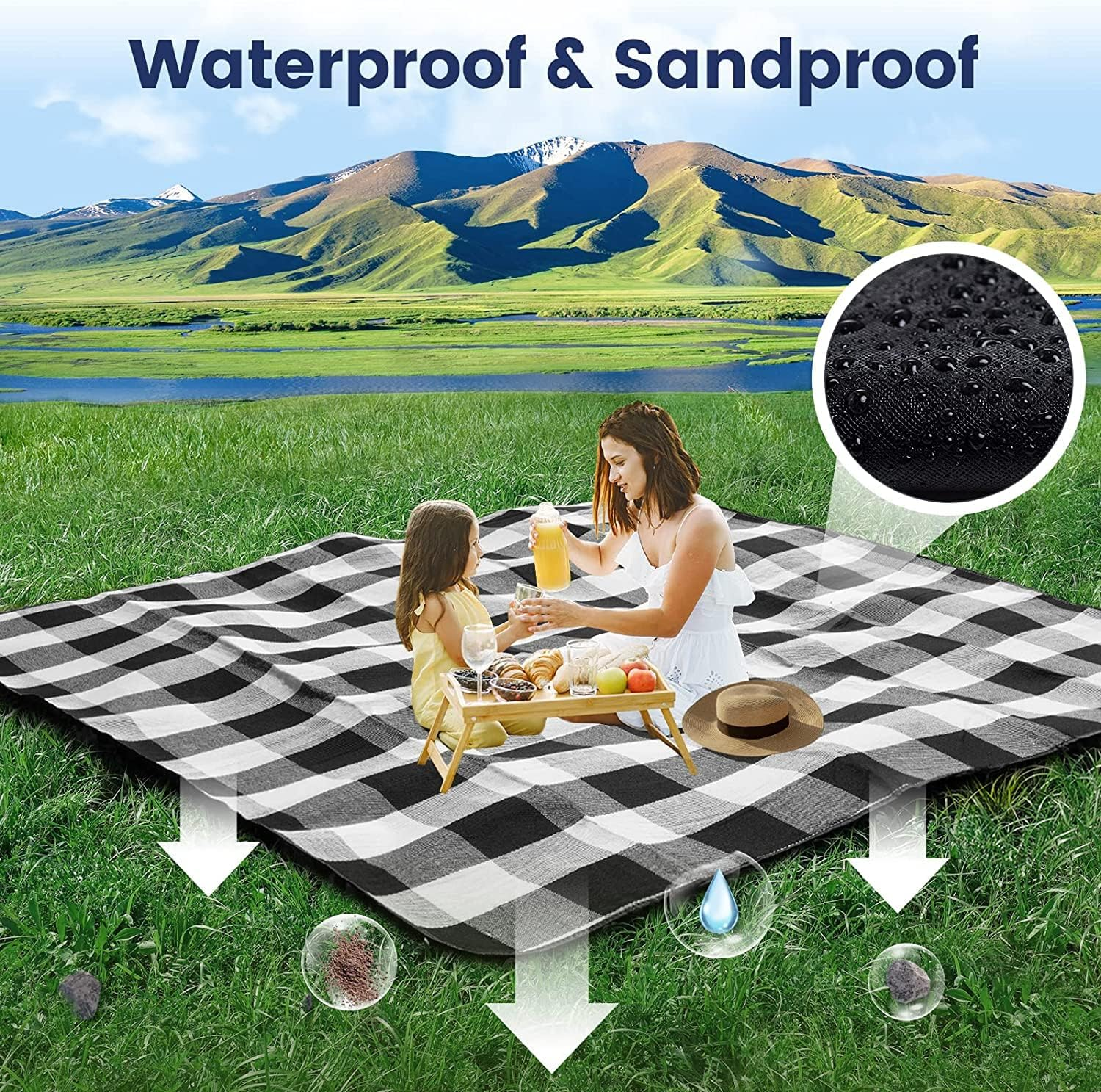 Waterproof Picnic Blanket Portable with Carry Strap, 200X200Cm Extra Large Foldable Compact Beach Blanket for Spring Summer Camping, Park, Travel Grass image number 1