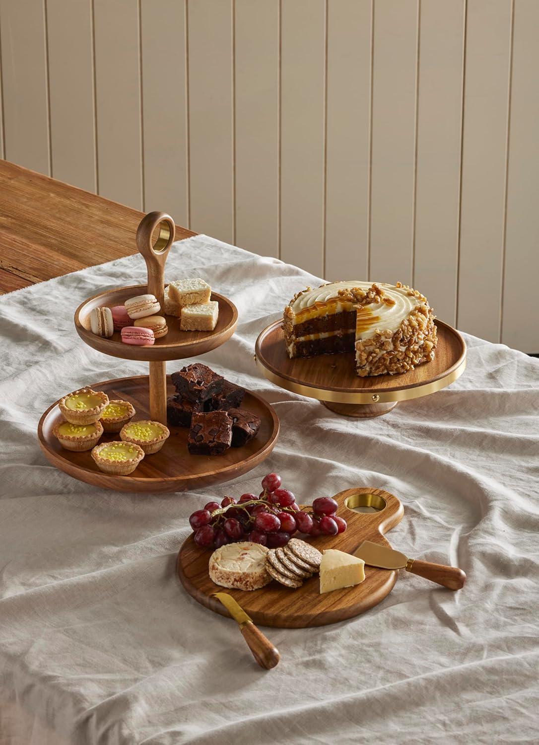 DAVIS & WADDELL Acacia Cheese Knives with Brass Finish, Set of 3 - Stylish Serving Tools for Soft and Hard Cheese, Elegant Natural Wood Design for Entertaining or Everyday Use image number 2