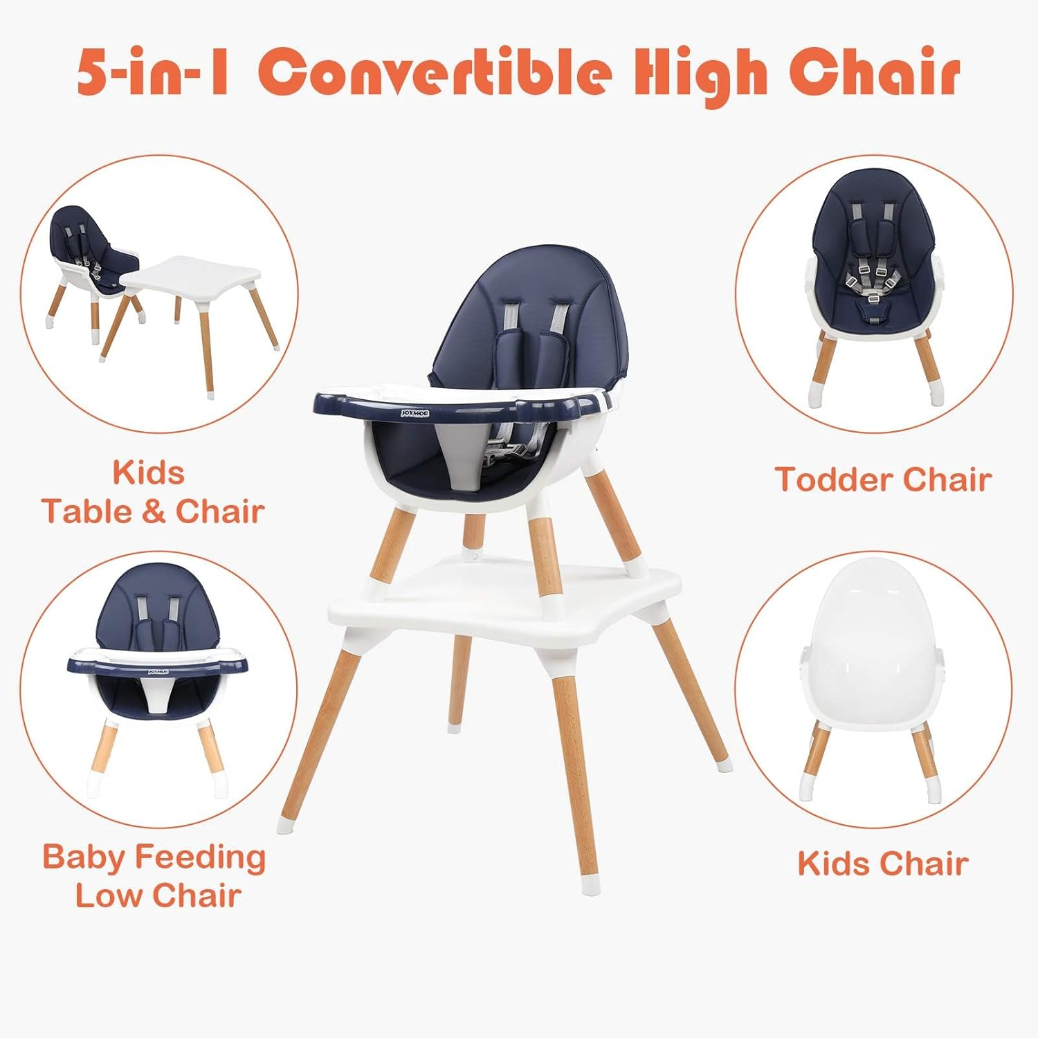 Baby High Chair, 5 In1 Convertible Table and Chair Set for Babies and Toddlers, Wooden Infant Eating Highchair with Leather Seat Cushion, 4-Position Removeable & Adjustable Tray image number 6