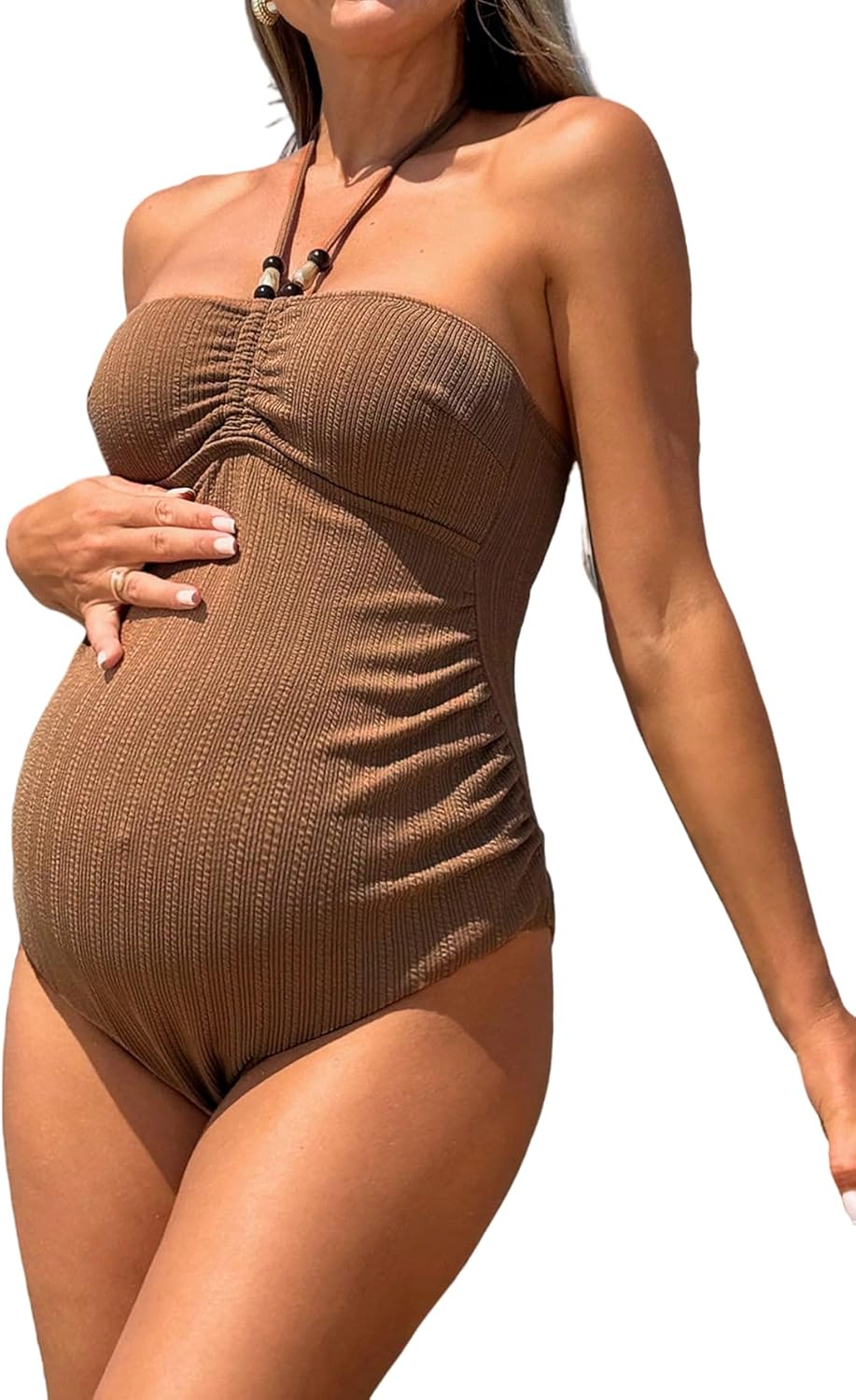 Maternity One-Piece Swimsuit, Bandeau Style, Ruched Design, Brown image number 3