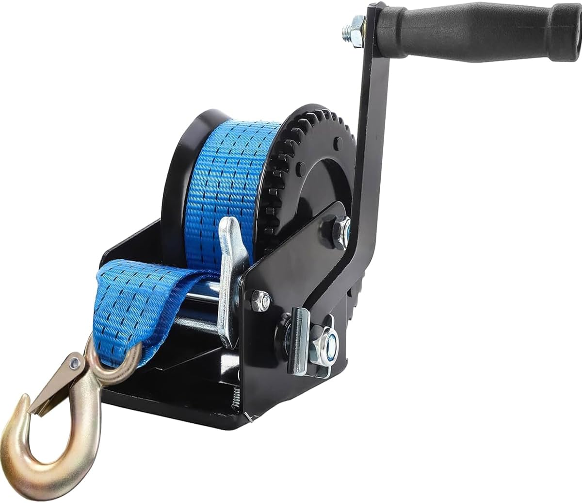 2000LBS Boat Trailer Winch with 8M Polyester Strap and Safety Hook, Manual Hand Crank Winch, One-Speed Ratchet Gear Towing Winch Boat for ATV, Jet Ski, Marine,Truck Towing image number 4