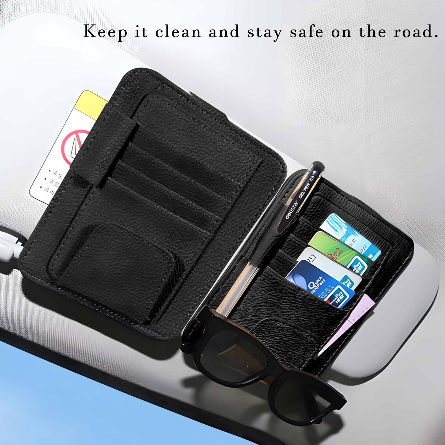2 Pcs Car Sun Visor Organizer Premium Leather Sunglasses Holder Multi Functional Car Interior Accessories Storage Bag Visor Pouch for Cars Trucks Card Document Holder Driving License (Black) image number 3