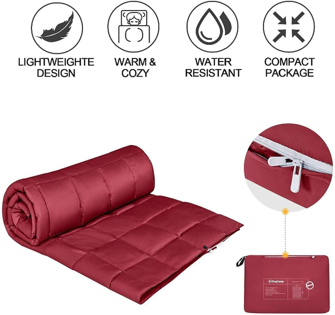 Kingcamp down Camping Blanket - Packable Lightweight Travel Blanket for Cold Weather Backpacking, Compact & Water Resistant & Warm Airplane Quilt 69X53 Red image number 3
