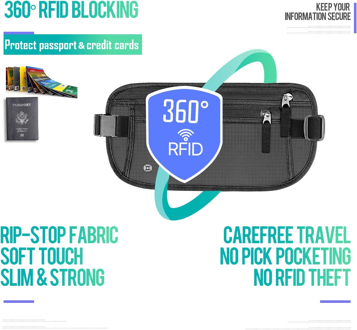 WALNEW Travel Money Belt for Women and Men - RFID Blocking Passport Holder Hidden Travel Wallet to Keep Cash, Credit Card, Passport, Cell Phone Safe (Black) image number 6