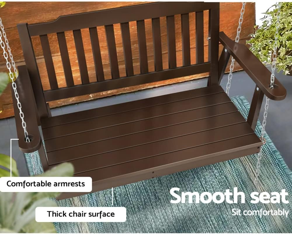 Gardeon Outdoor Porch Swing Chair Wooden 2 Seater Brown Garden Bench Hanging Seat, Patio Baconly Furniture Chairs, with Metal Chains Water Resistant 300Kg Capacity image number 5