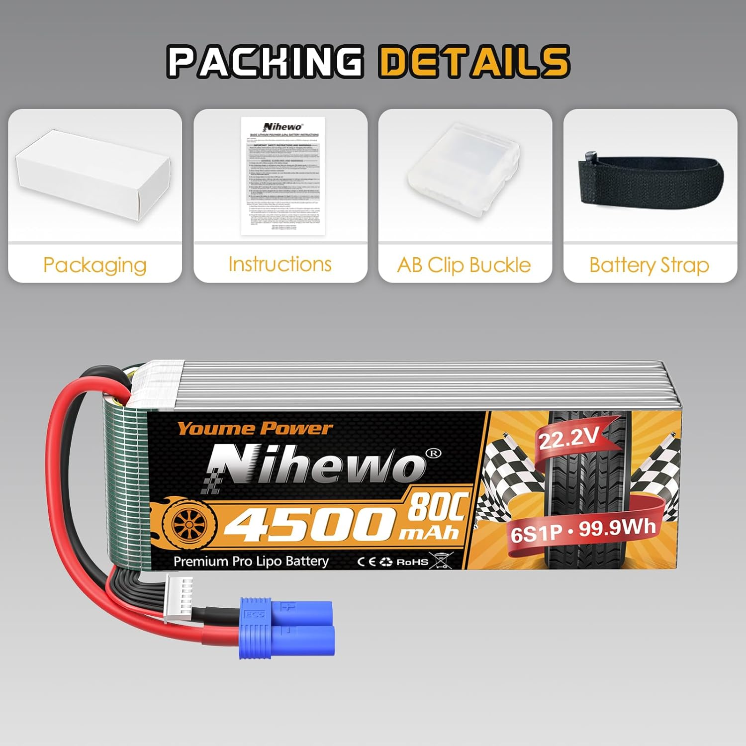 Nihewo 6S Lipo Battery,22.2V 4500Mah Lipo Battery 80C with EC5 Plug for X Class Drone Racing 70MM 80MM 90MM EDF RC Quadcopter Airplane Helicopter Car Truck Boat Hobby (2 Packs) image number 2