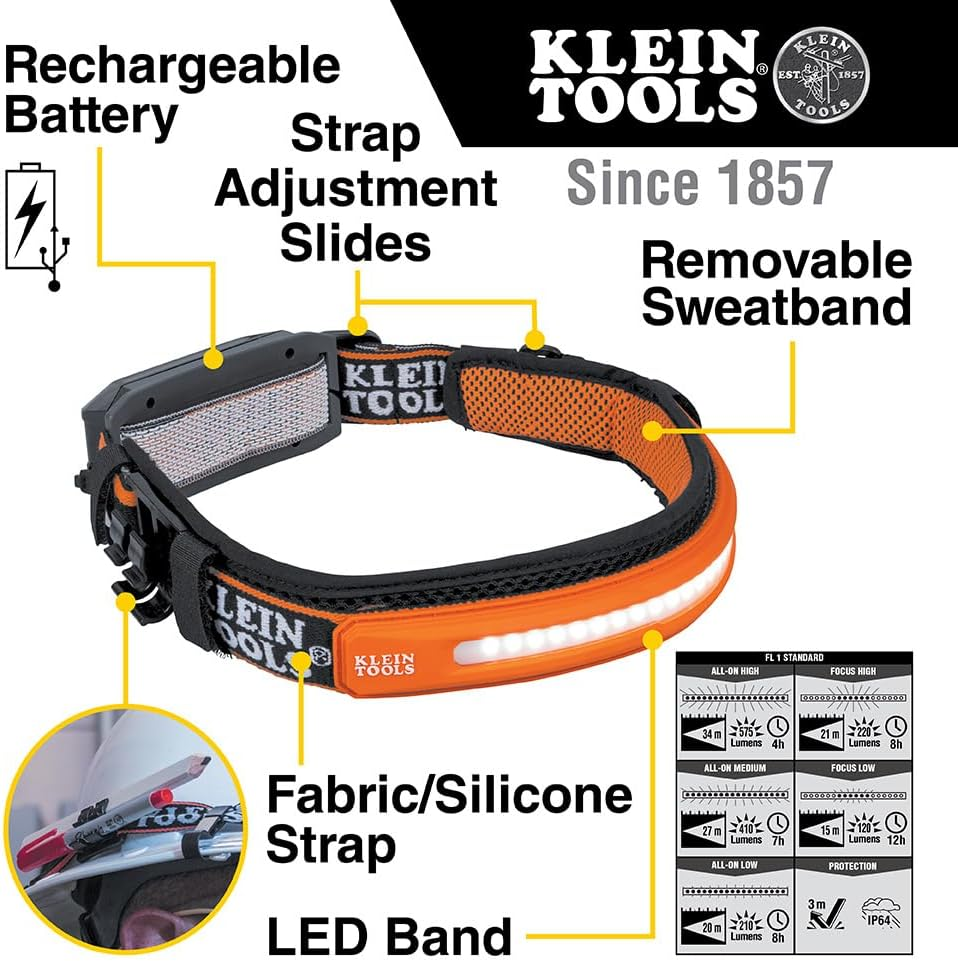 Klein Tools A-56308 575 Lumens Wide-Beam LED Rechargeable Headlamp with Strap, Orange/Black