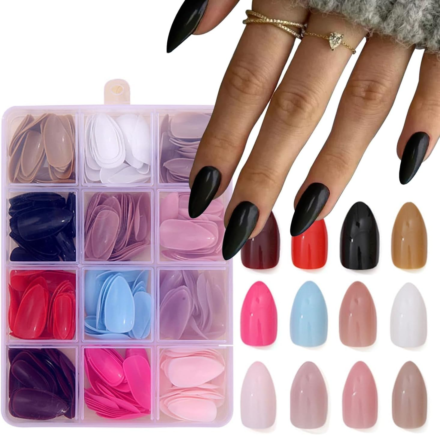 Press on Nails, 12 Colors 288PCS Medium Almond False Nails with 24 Sizes, Full Cover Press on Nails for Women, Lightweight Matte Natural Fake Nails for Nail Art Design (Almond)
