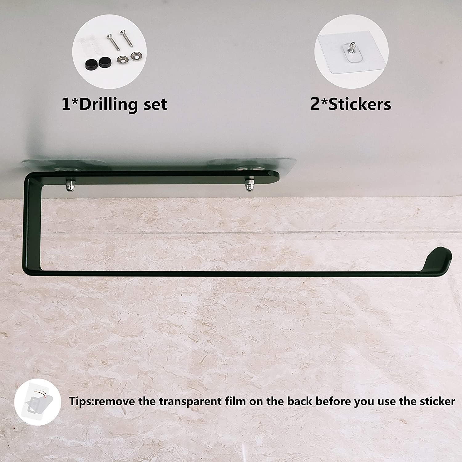 Paper Towel Holder, under Cabinet Paper Roll Holder, Self-Adhesive Kitchen Paper Towel Rack for Kitchen, Bath, Cabinet, Toilet, Paper Rack Metal Roll Paper Rack Hanging (Black) - Black With Damping image number 4