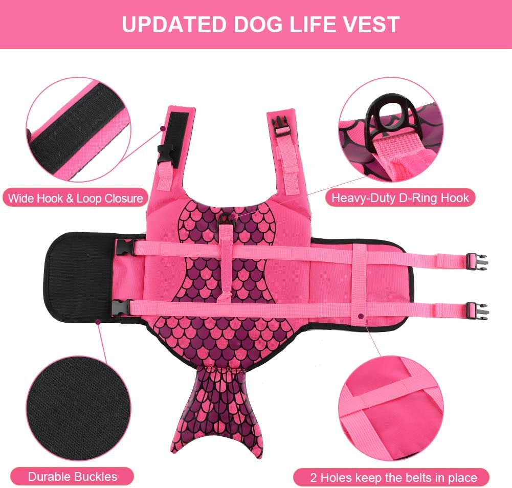 EMUST Mermaid Life Jackets for Dogs, Adjustable Small/Medium/Large Dog Life Vest for Water Safety Pet Life Vest with Rescue Handle Safety Vest for Swimming Pool Beach Boating, L image number 4