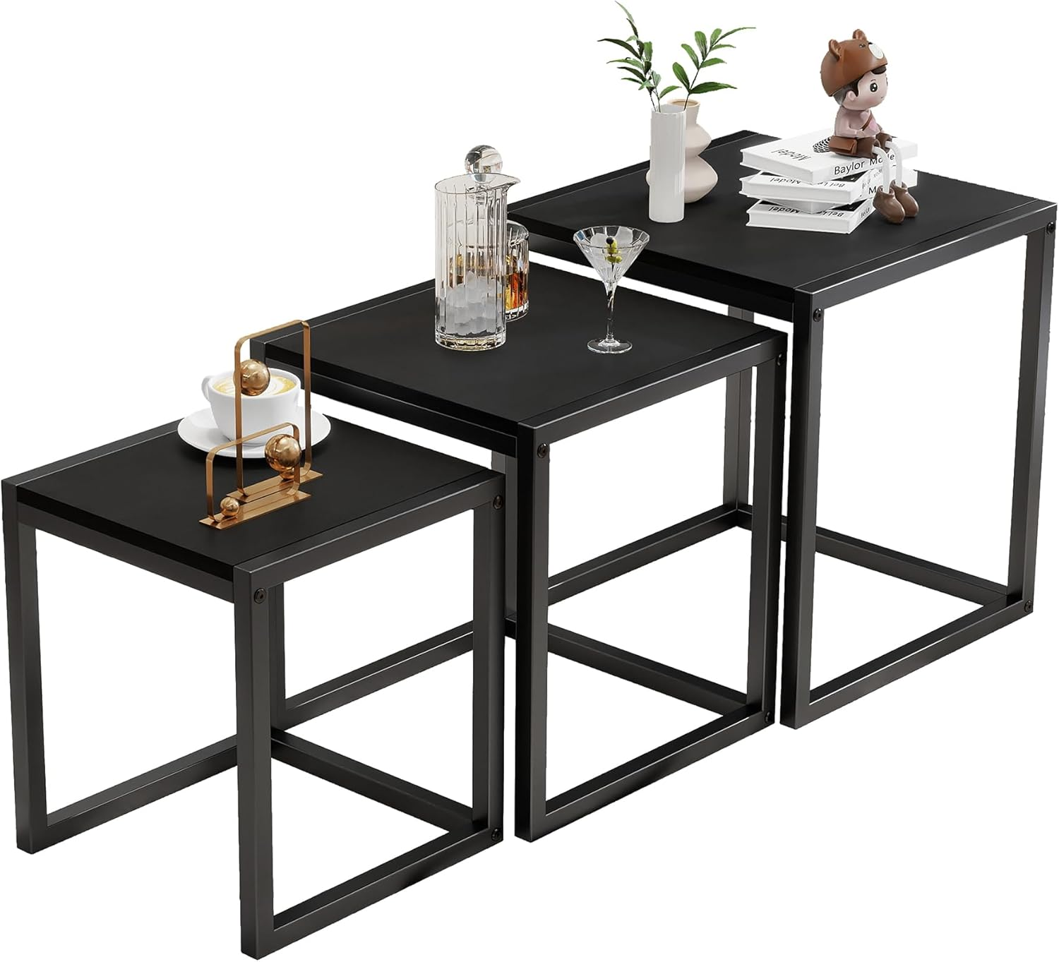 Nesting Table Set of 3 End Tables, Modern Minimalist Coffee Table, Stackable Tables with Metal Wood Stacking Side Table for Living Room, Bedroom, Brown/Black