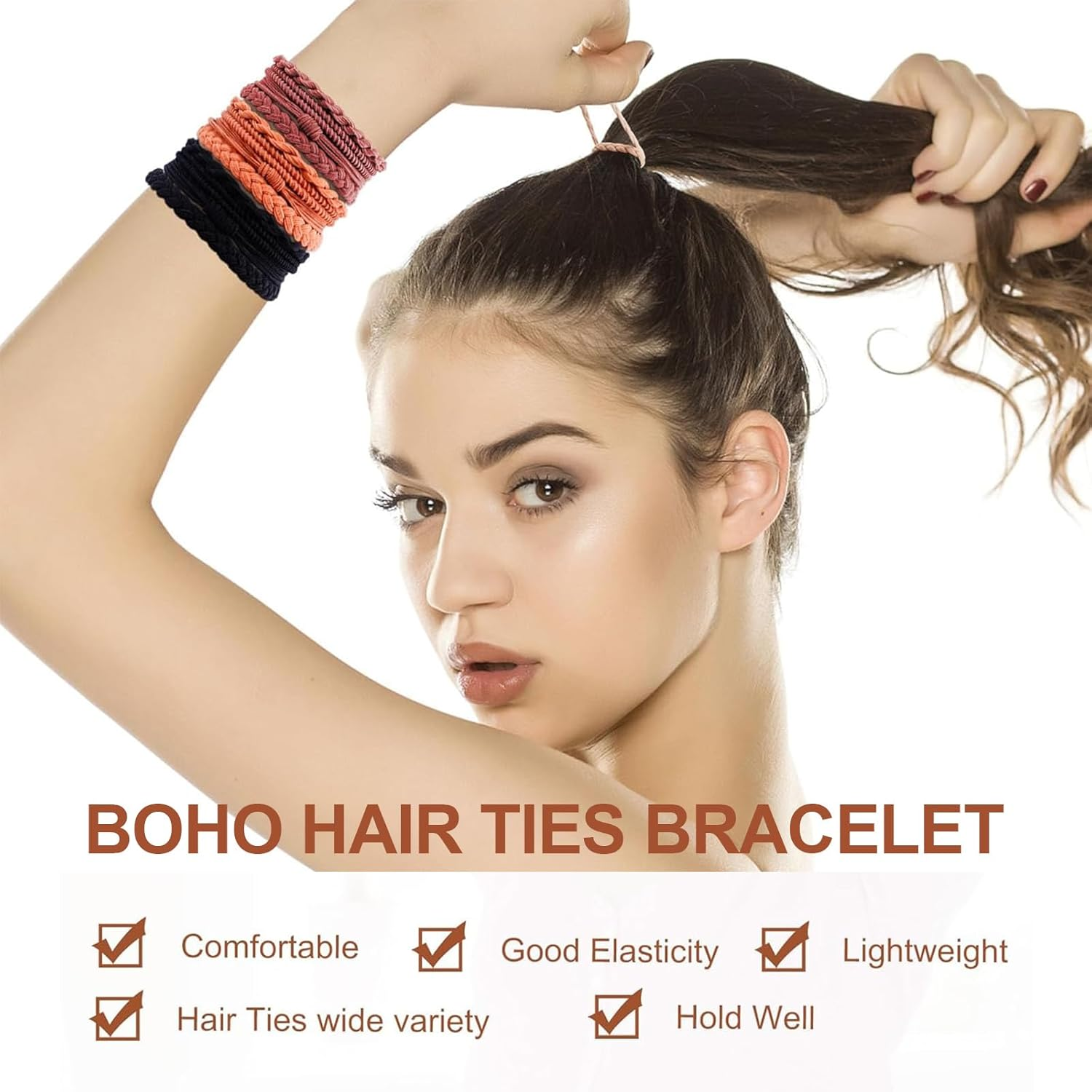 Zurligi 28 Pcs Boho Hair Ties, Hair Tie Bracelets for Women and Girls, 7 Styles 10 Colors No Damage Ponytail Holders for Thick/Medium/Long Hair image number 5