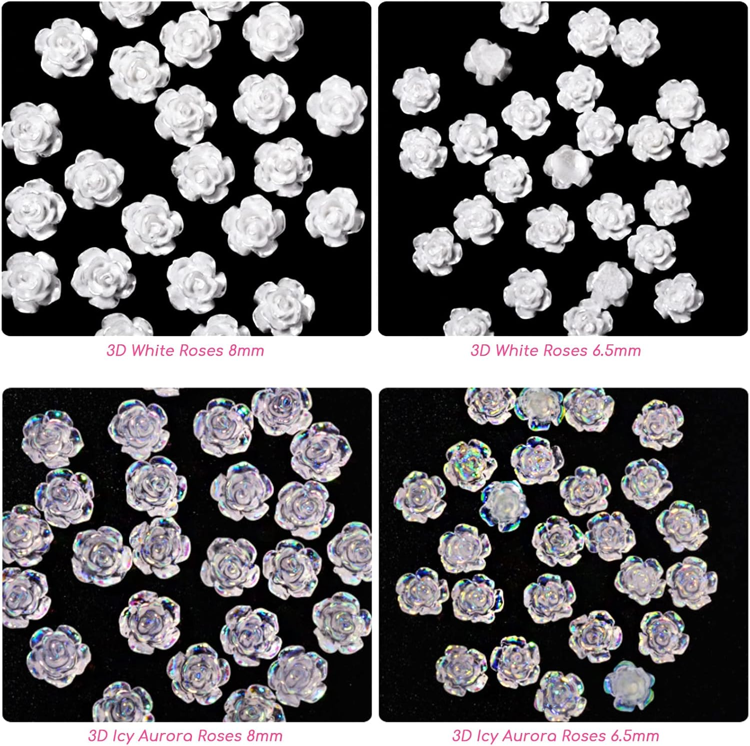 60 Pieces of 3D Nail Art Roses, Beauties Factory Resin Rose 6.5Mm & 8Mm Snow White ICY Aurora Tips Decorations (White)