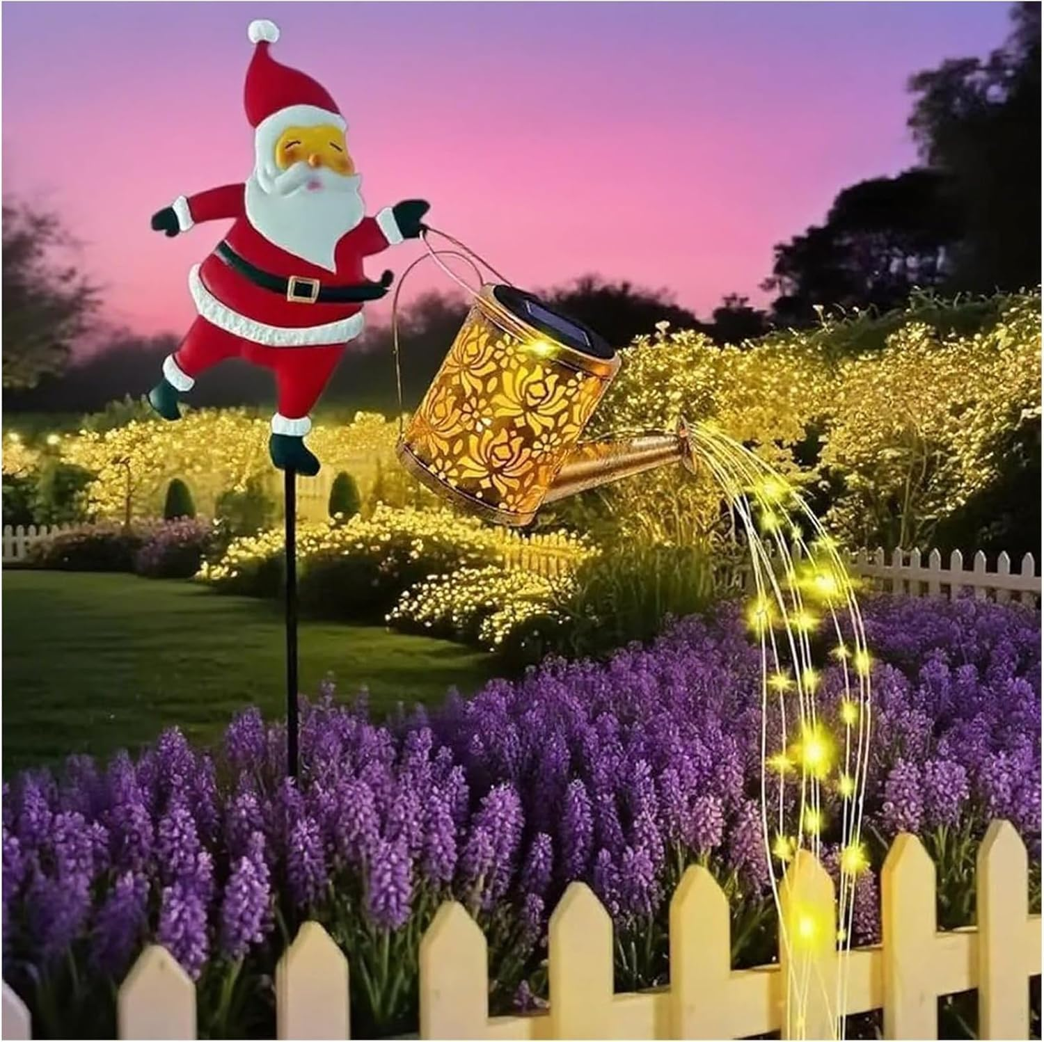 Christmas Santa Solar Kettle Lights, Garden Lawn Decorative Outdoor Waterproof Metal Watering Can with LED String Lights, Hanging Solar Lamp for Patio Yard Pathway Decorations Gifts (Color-2Pc) - Color B-1Pc image number 3