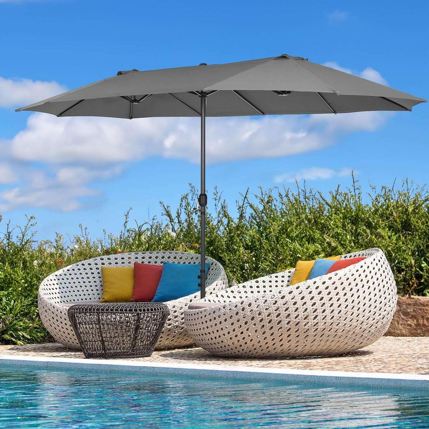 4.7M Double-Sided Patio Umbrella, Outdoor Extra Large Umbrella W/Hand-Crank System & Air Vents, Market Twin Umbrella with 12-Rib Sturdy Metal Frame for Poolside, Garden & Backyard image number 5