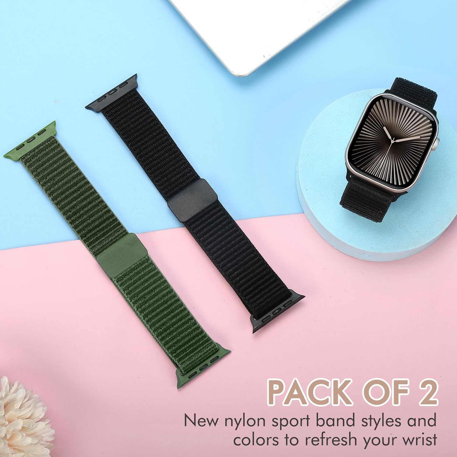 2 Pack Nylon Sport Bands Compatible with Apple Watch Bands 38Mm 40Mm 41Mm 42Mm 44Mm 45Mm 46Mm 49Mm for Women Men, Adjustable Replacement Band for Iwatch Series 10/9/8/7/6/5/4/3/2/1/SE 3/Ultra 3 image number 1