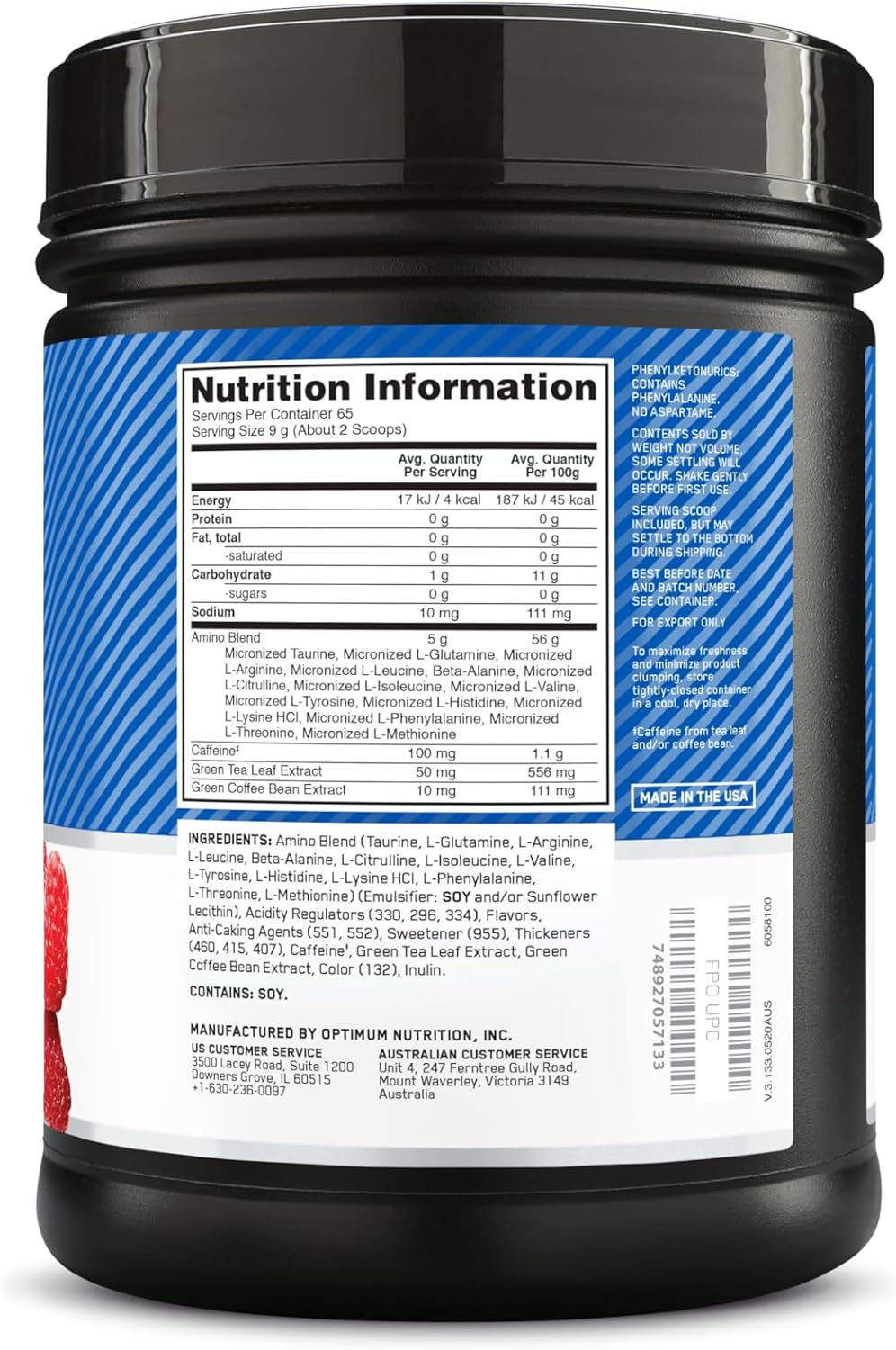 OPTIMUM NUTRITION Amino Energy Powder, Blue Raspberry, 585G 65 Servings image number 4