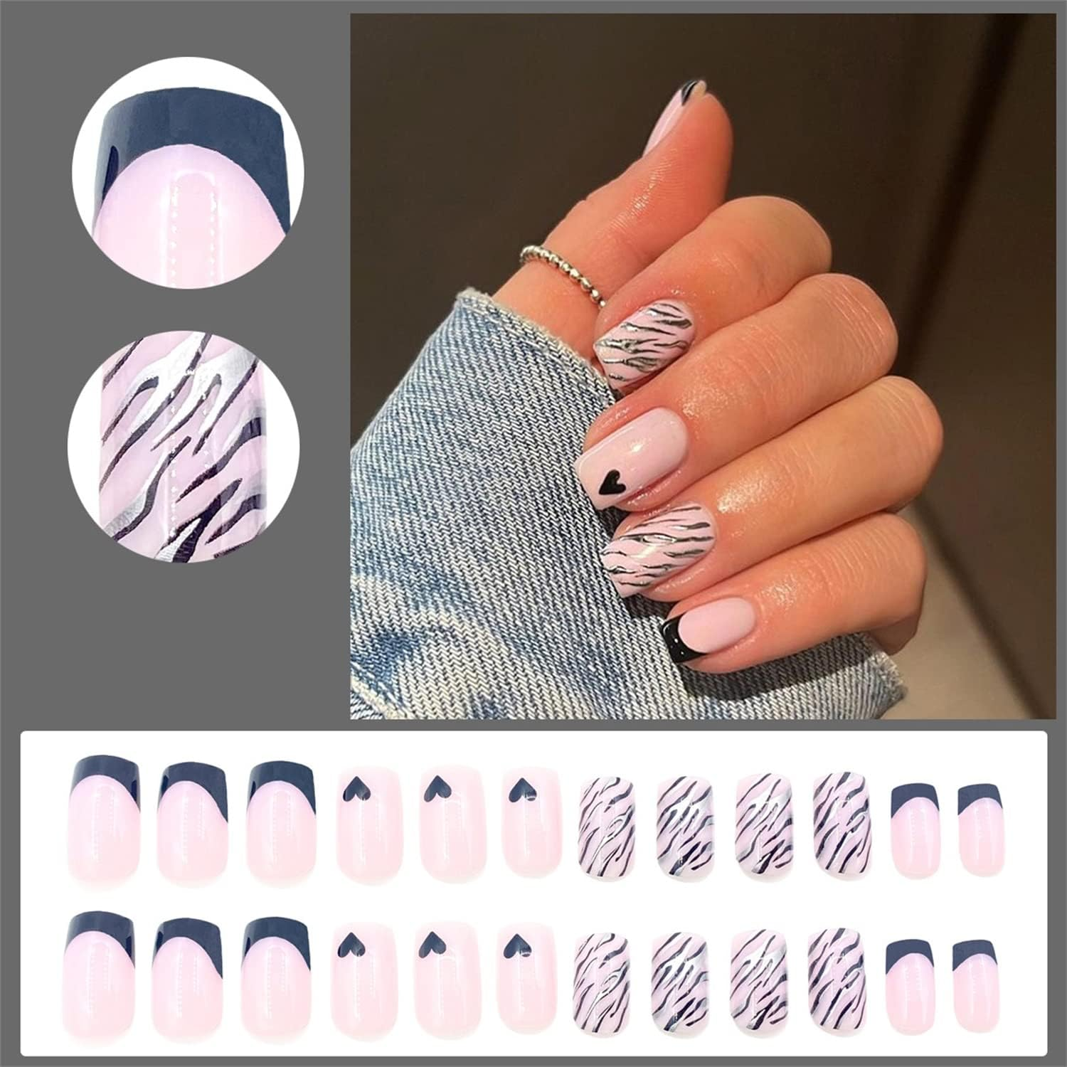Medium False Nails, Silver Stripes French Nails for Gluing with Adhesive Stickers, 24 Pieces French Press on Nails, on Nails for Women and Girls, Valentine'S Day Fake Nails image number 1