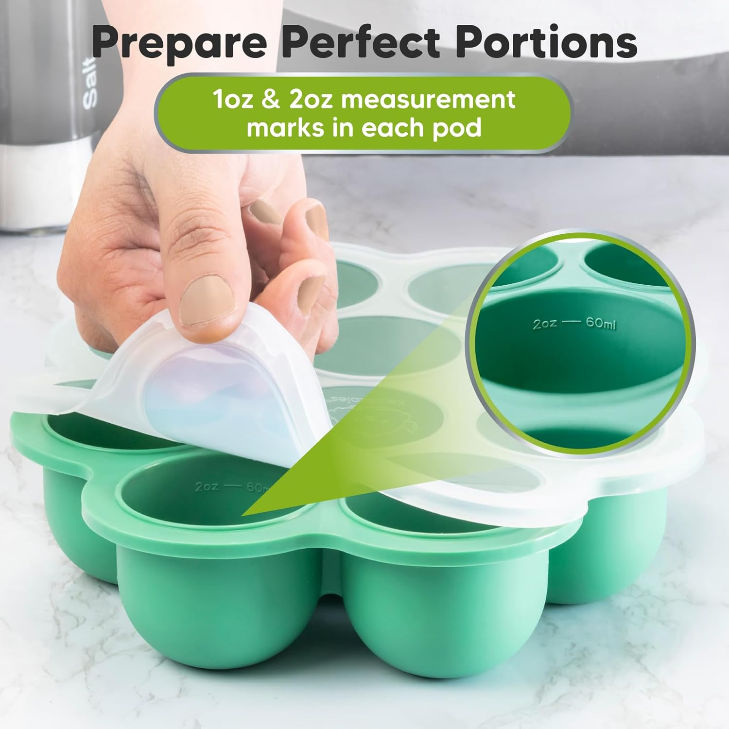 60Ml X 10 Pods Silicone Baby Food Freezer Tray with Clip-On Lid - Baby Food Storage Containers - Baby Food Tray, Baby Freezer Food Storage, Bpa-Free Puree Freezer Tray (Alpine Green) - Blossom image number 5