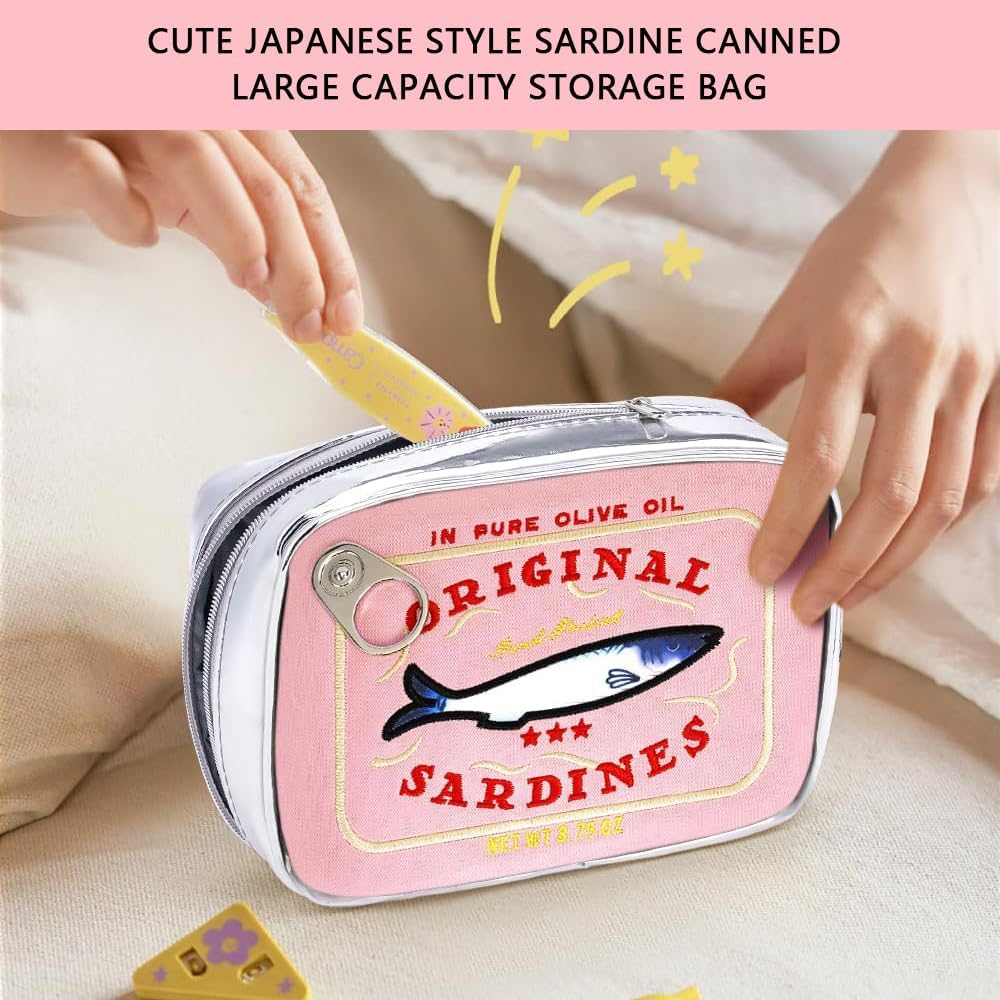 Canned Sardines Makeup Bag &ndash; Cute Kawaii Cosmetic Pouch, Funny Waterproof Travel Toiletry Bag for Women, Creative Fish Design Pencil Case Organizer (Blue) (Pink) image number 1