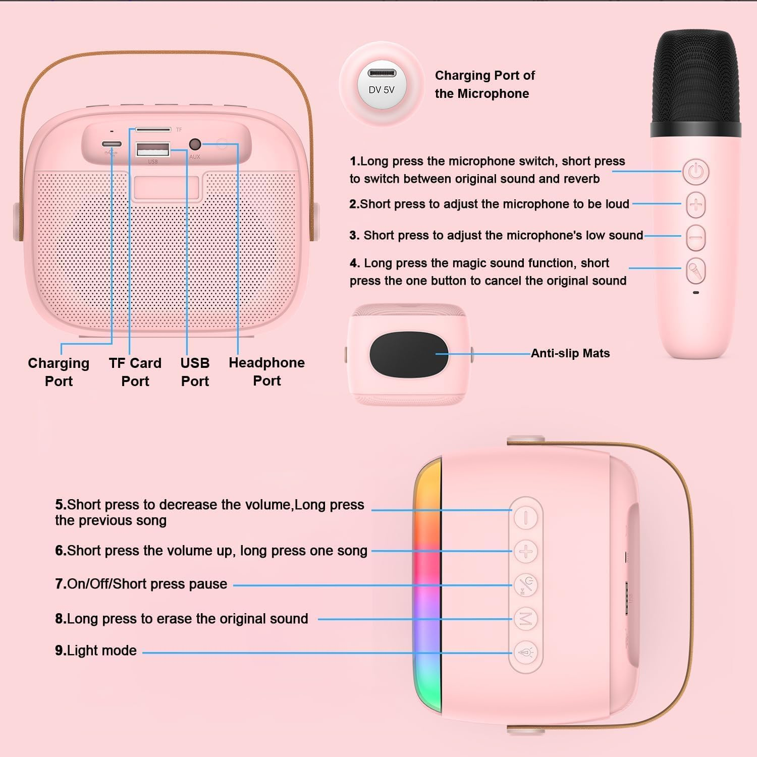 Karaoke Machine for Kids Adults, Mini Portable Bluetooth Speaker with 2 Wireless Microphone, Kids Toys Birthday Gifts for Girls Ages 4-12 +Year Old Family Home Party (Pink) image number 6