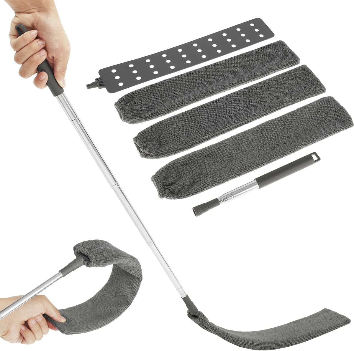 Gap Dust Cleaner, Telescopic Removal Brush Long Handle Duster,Multifunction Retractable Microfiber Flat Gap Dust Brush Gap Mop,Extendable Cleaning Tool, for High Celling Bedroom Window (Grey)