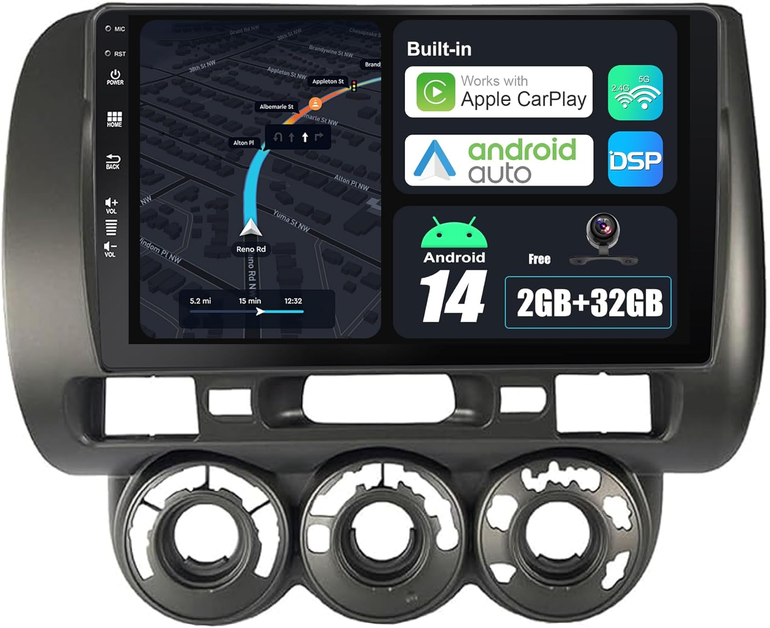 Android 14 IPS Car Stereo for Honda Fit Jazz (2004-2010) - 2G+32G - Wireless Carplay/Android Auto - Rear Camera Free - 9 Inch 2 Din - DAB Steering Wheel Fast-Boot DSP Bluetooth Wifi GPS Navi