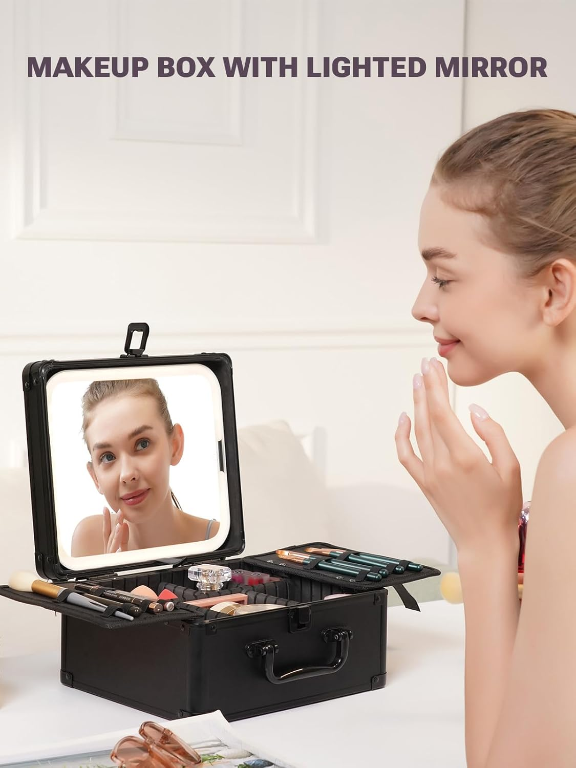 Makeup Box with Lighted Mirror Detachable, Cosmetic Organizer and Portable Makeup Box with Adjustable Dividers, 3 Color Scenarios, Adjustable Brightness and Waterproof Travel Train Case (Black) image number 5