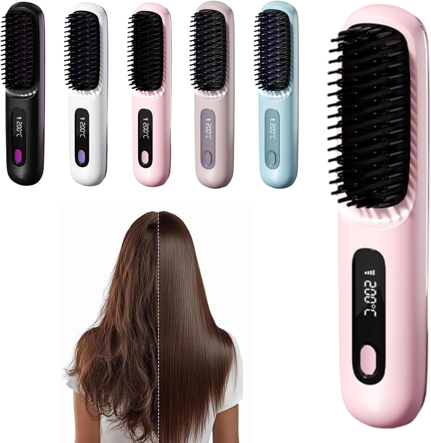 2026 New Brush Pro, Portable Straightener Brush for Travel, with LCD Temperature Display, Fast Heating Cordless Mini Hair Brushs (Black)