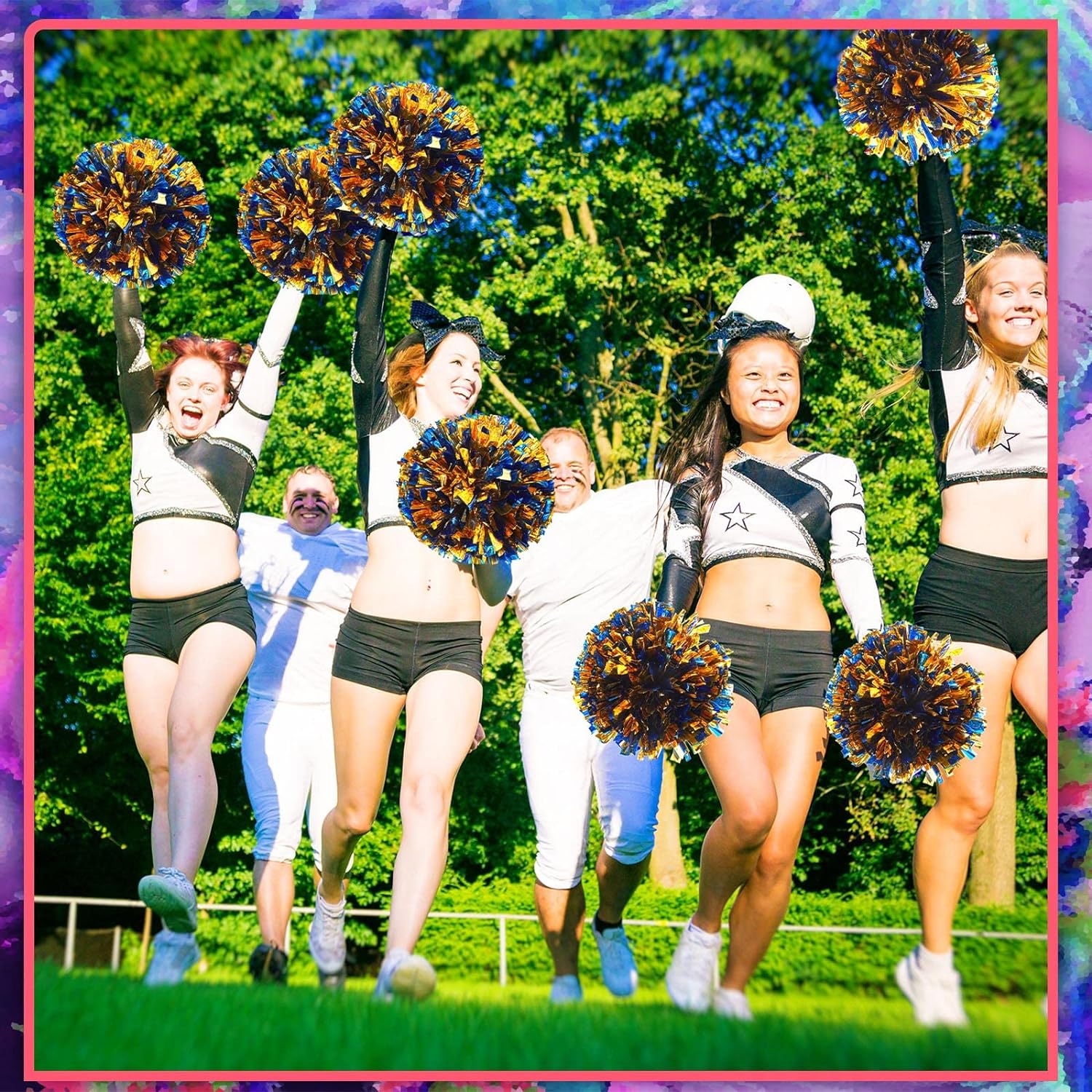 24 Pcs Metallic Foil Cheerleading Pom Poms with Plastic Finger Holes Cheerleader Pom Poms 80G Cheer Pom Poms for Dance, Matches, Team Sports, Stage Performance, Carnival Celebration (Blue/Gold) image number 2