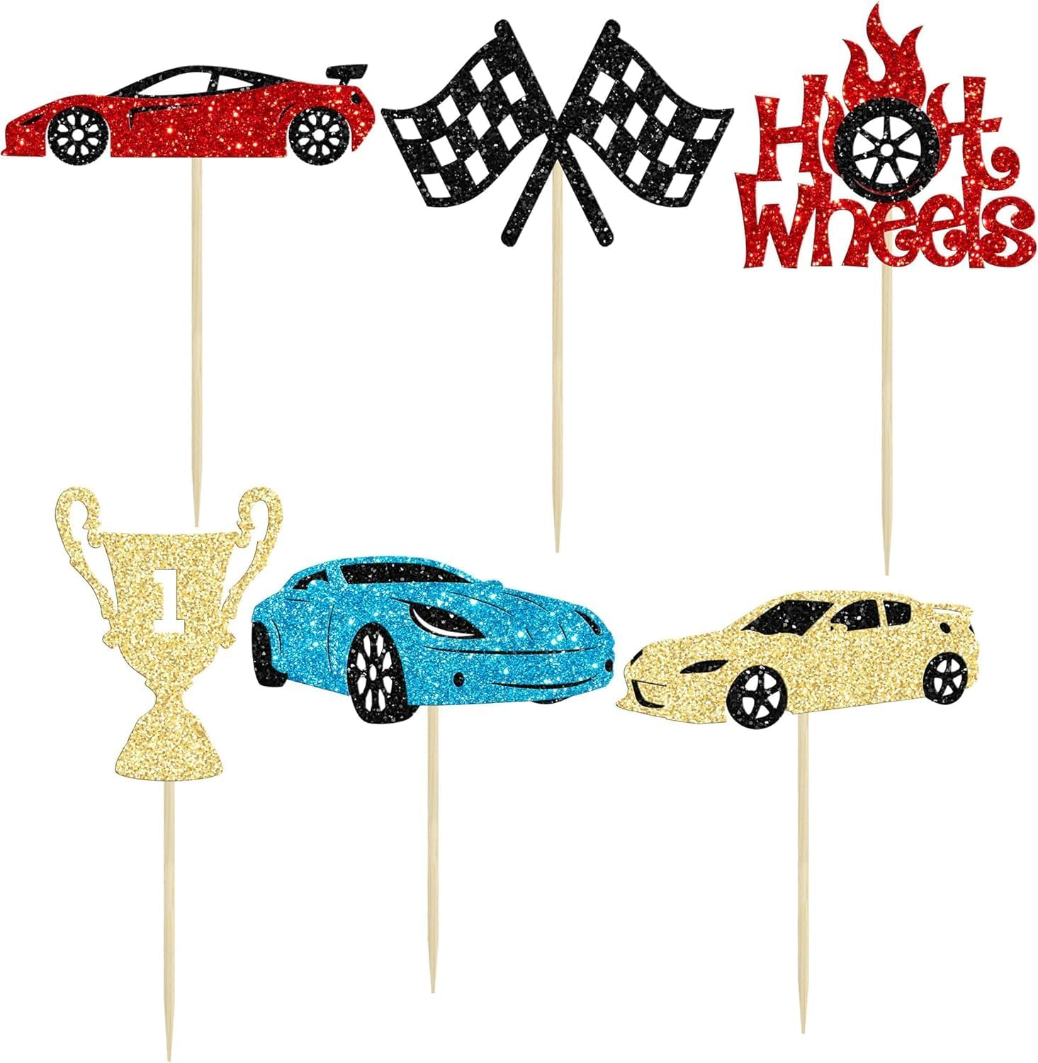Confetti! 24Pcs Race Car Cupcake Toppers Glitter Traffic Light Steering Wheel Trophy Flag Racing Car Cupcake Pick Decorations for Let'S Go Racing Sports Theme Birthday Party & Baby Shower