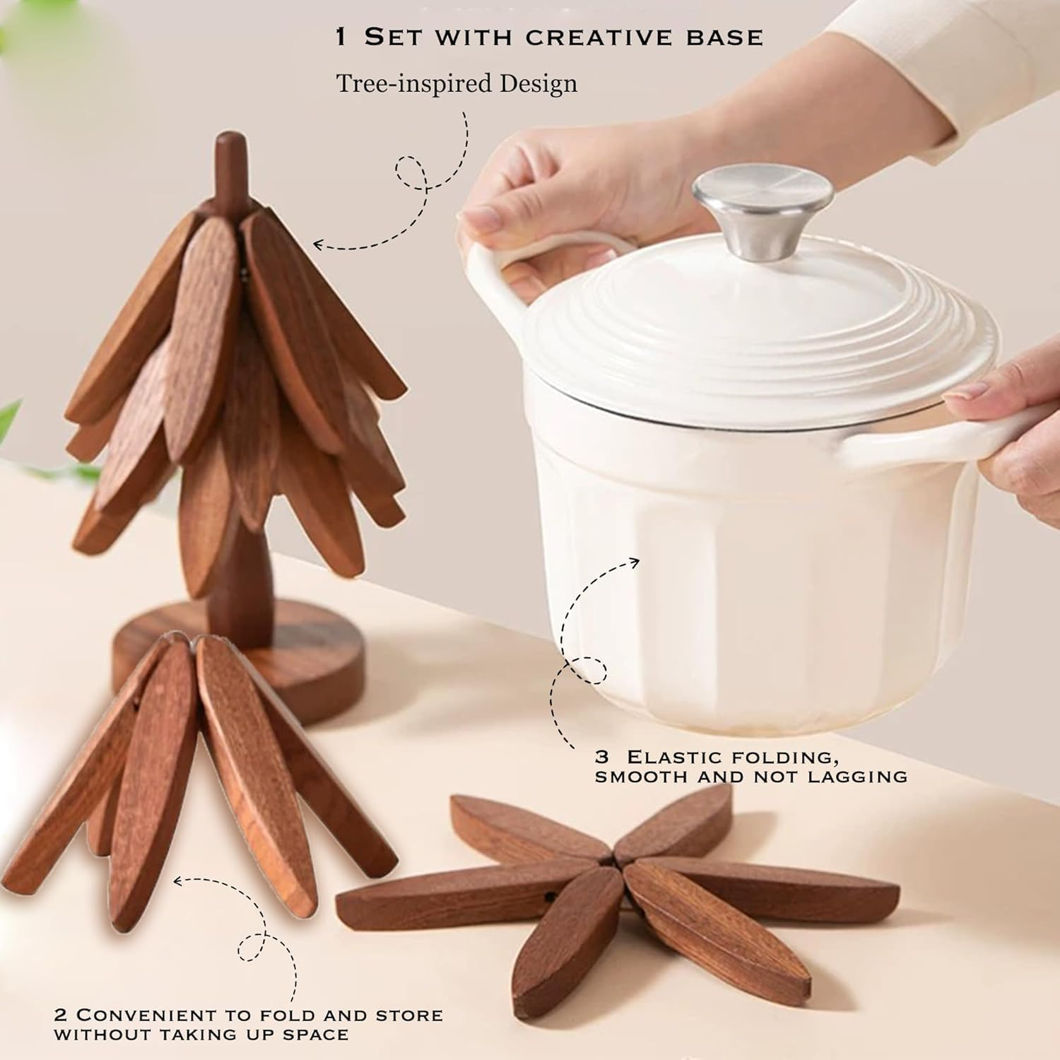 Bamboo Trivets for Hot Dishes, Wooden for Hot Dishes/Pot/Bowl/Teapot/Pot Holders, Trivet 4-Piece Set, Natural Foldable Wooden Trivet, Tree Shape Set (Dark 3 Trivets) image number 1