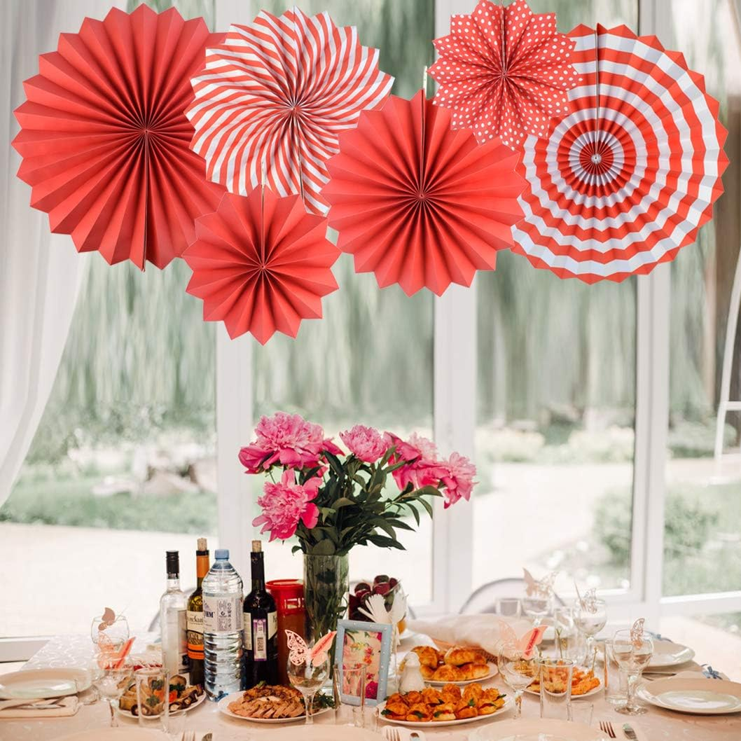 Party Hanging Paper Fans Set, Red round Pattern Paper Garlands Decoration for Birthday Wedding Graduation Events Accessories, Set of 18 Red image number 3