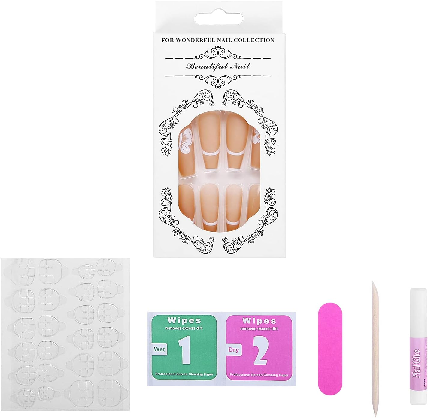 24 Pcs Press on Nails Medium, Sunjasmine Fake Almond Glue Nails, False with Glue, Acrylic for Women and Girls (White Swirl) image number 6