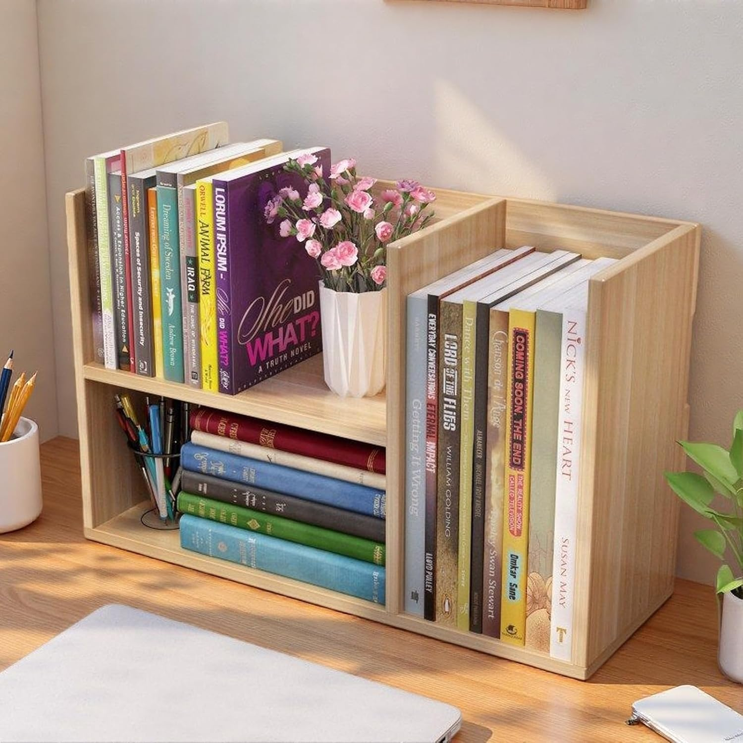 Desktop Bookshelf Organiser, Wood Office Desk Storage Rack, Home Office Bookcase A811 (Wood) image number 1