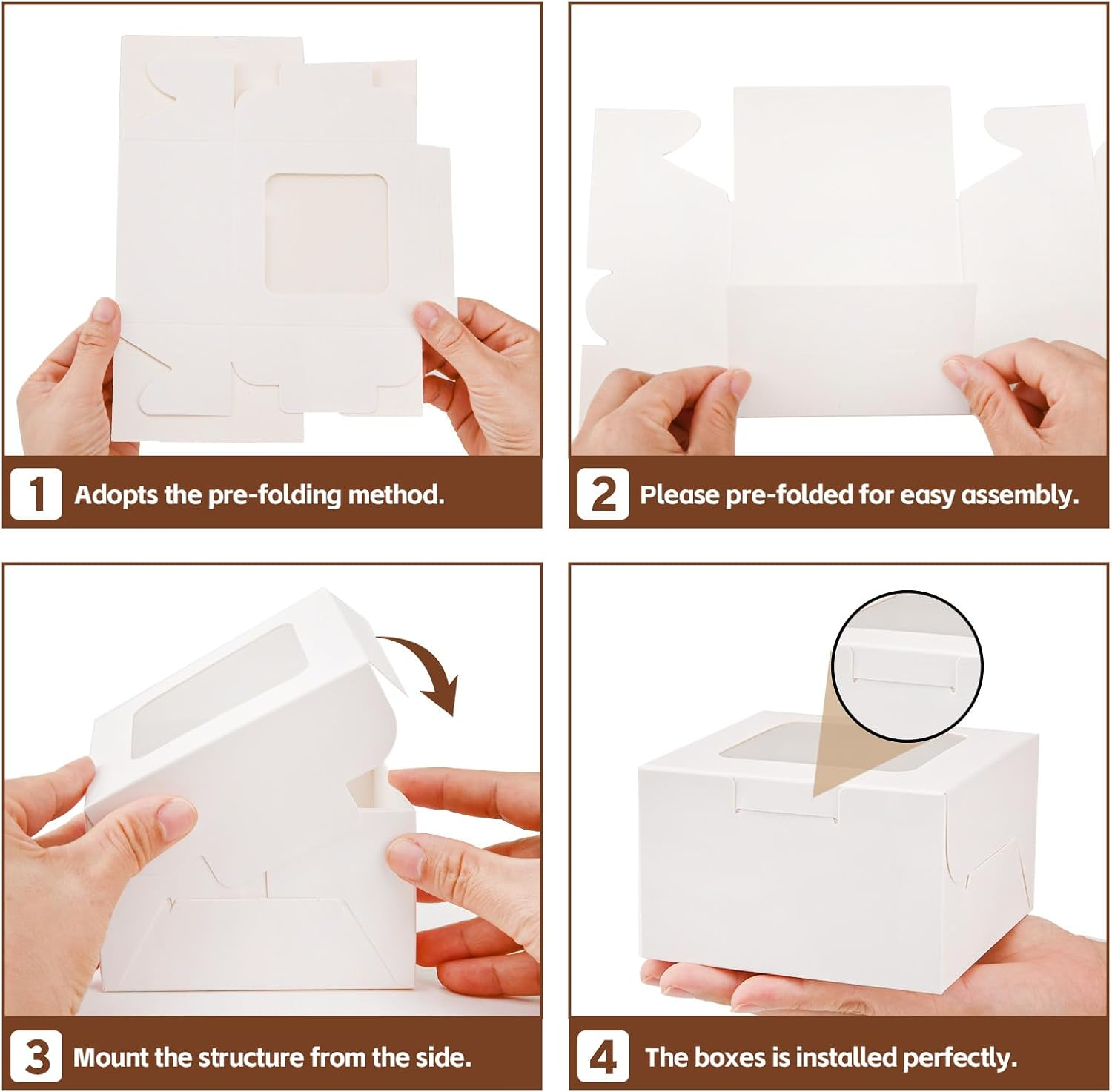 50Pcs White Bakery Boxes with Baking Paper for Convenient Wrapping, 4X4X2.5Inches, Sturdy & Adorable Pastry Gift Box with Window for Mini Desserts, Small Treats, Cookies and Party Favor Box. image number 3