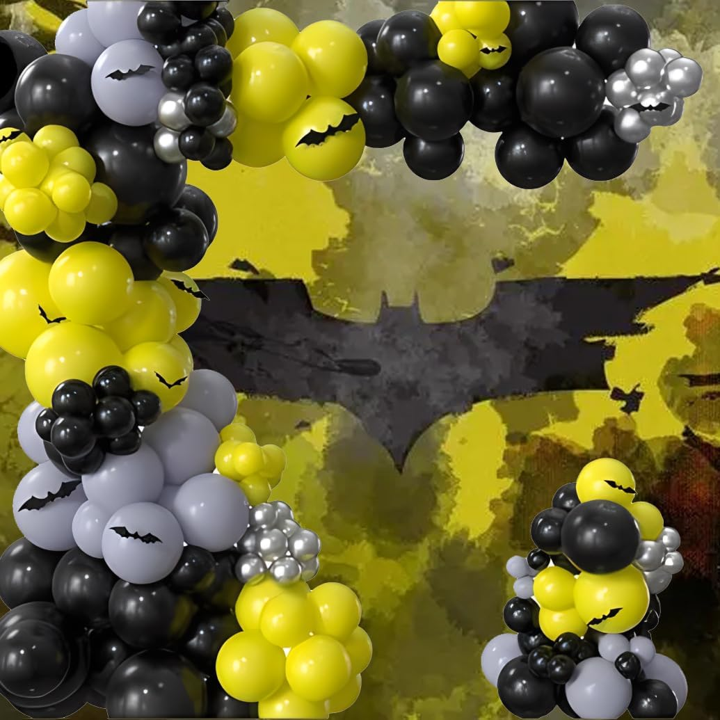 WODJR 124Pcs Bat Balloon Garland Bat Party Decorations Black Yellow Balloon Garland Black Yellow Grey Silver Balloons Black Yellow Silver Grey Latex Balloons for Bat Party Supplies Hero Birthday Decor image number 4
