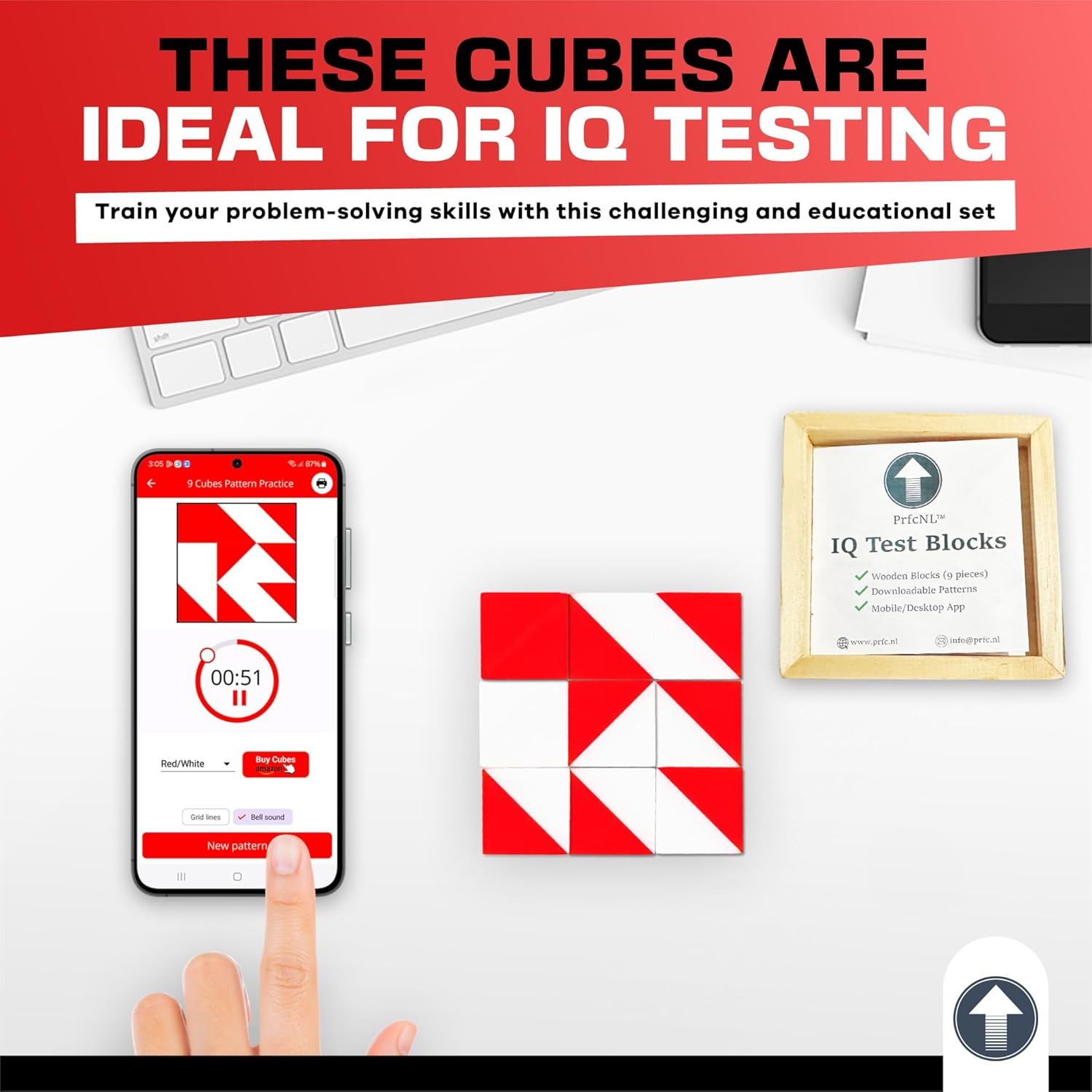 Prfcnl IQ Test Blocks - 9 Wooden Cubes in White and Red with 60 Patterns and Mobile App, Ideal for WISC, WAIS, WPPSI Prep,Educational STEM Montessori Gift Toy for All Ages Challenge image number 4