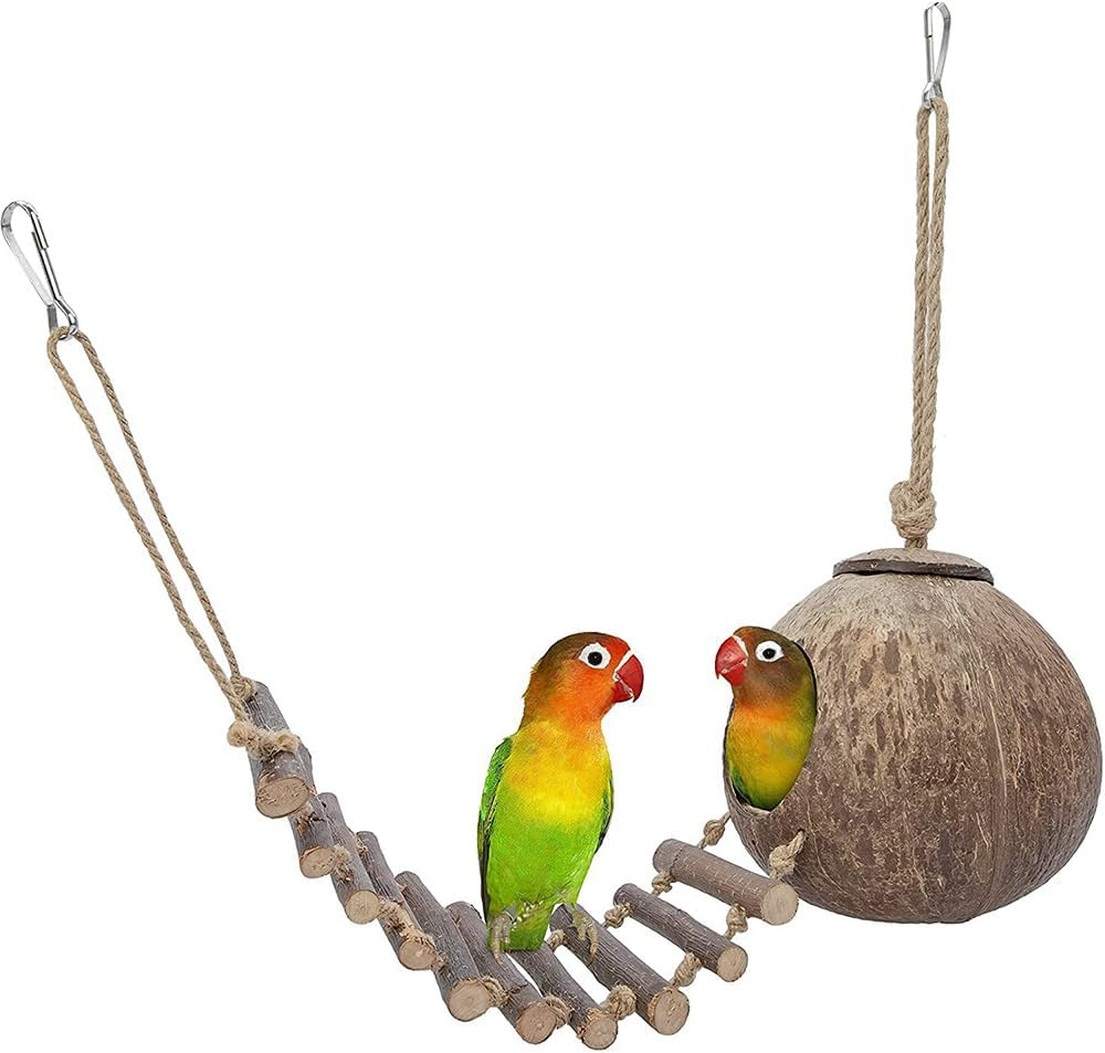 Natural Coconut Shell Bird Nest, Coconut Shell Nest Bed, Bird Breeding Nests, Hanging Birdhouse with Shrub Stairs, Suitable for Most Birds Species