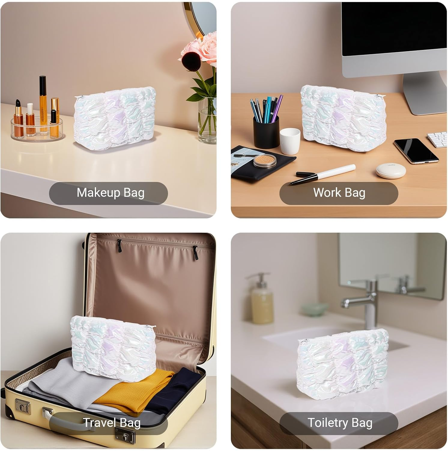 Small Cosmetic Makeup Pouch Bag, Travel Toiletry Bag for Women (White) image number 1