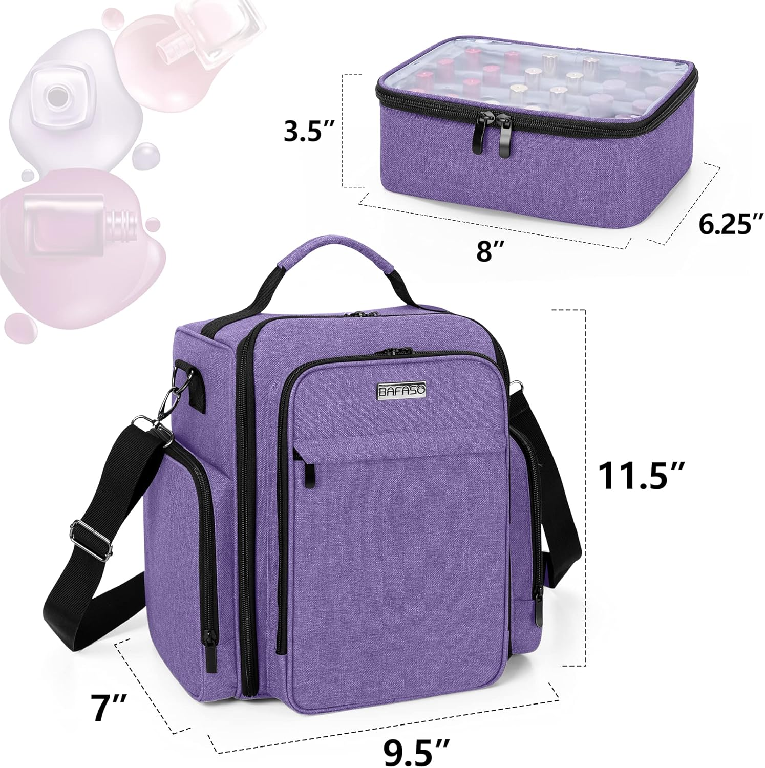 BAFASO Nail Polish Organizer Holds 48 Bottles (15Ml - 0.5 Fl.Oz) and a Nail Lamp, Large Nail Polish Case with 2 Removable Pouches and Multiple Storage Sections (Patented Design), Purple image number 2